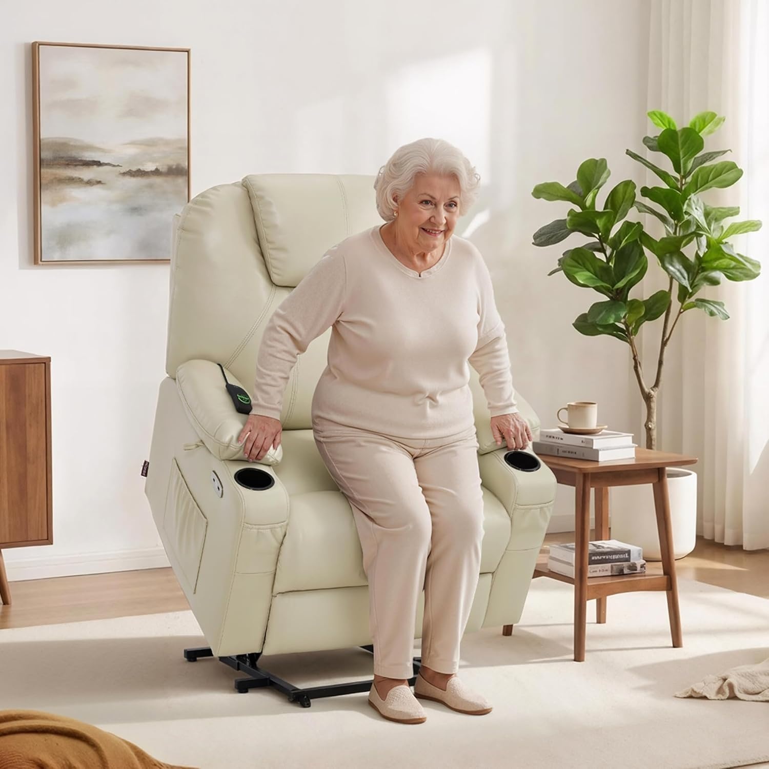 image:imageMCombo Extra Wide Power Lift Recliner Chair for Elderly Lift Chair with Heat and Massage for Big People USBampType C Ports Cup Holders Faux Leather R7045 Grey MediumWideCream White
