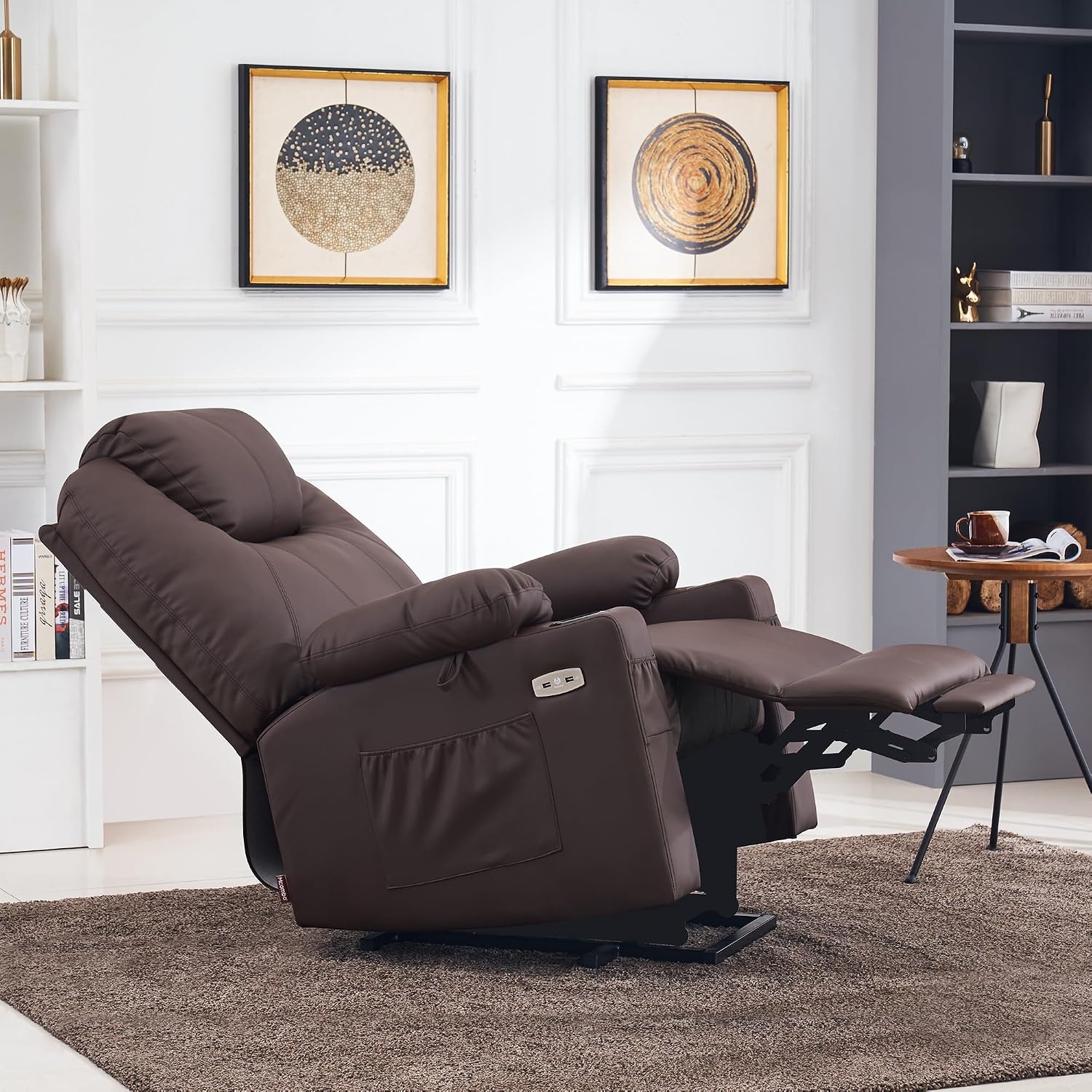 image:imageMCombo Extra Wide Power Lift Recliner Chair for Elderly Lift Chair with Heat and Massage for Big People USBampType C Ports Cup Holders Faux Leather R7045 Grey MediumWideLight Brown