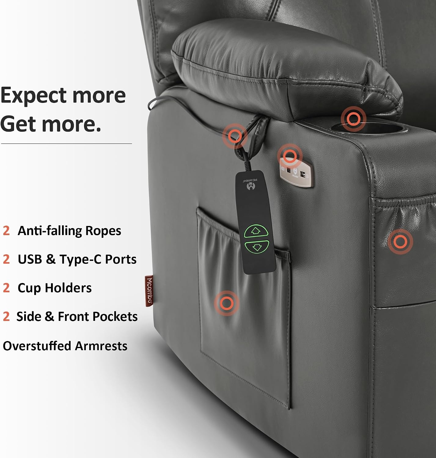 image:imageMCombo Extra Wide Power Lift Recliner Chair for Elderly Lift Chair with Heat and Massage for Big People USBampType C Ports Cup Holders Faux Leather R7045 Grey MediumWideGrey