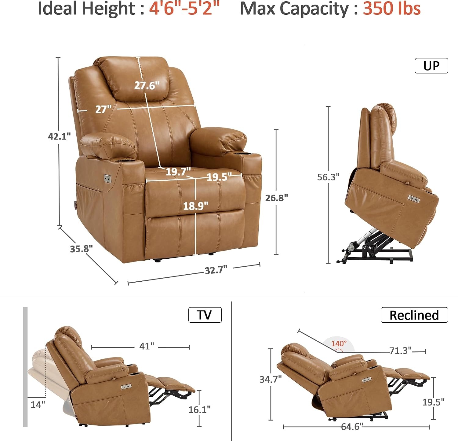 image:imageMCombo Extra Wide Power Lift Recliner Chair for Elderly Lift Chair with Heat and Massage for Big People USBampType C Ports Cup Holders Faux Leather R7045 Grey MediumWideTawny