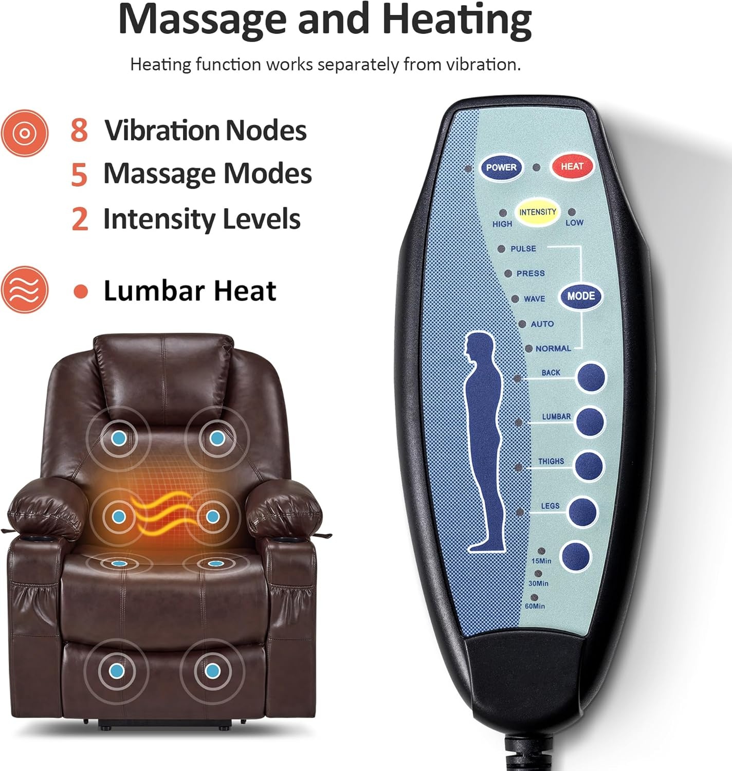 image:imageMCombo Extra Wide Power Lift Recliner Chair for Elderly Lift Chair with Heat and Massage for Big People USBampType C Ports Cup Holders Faux Leather R7045 Grey MediumWideDark Brown