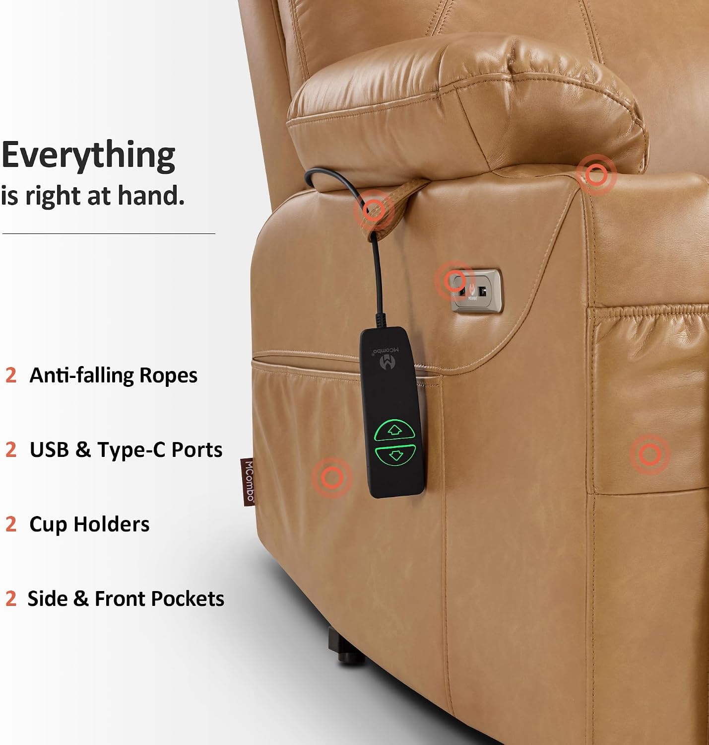 image:imageMCombo Extra Wide Power Lift Recliner Chair for Elderly Lift Chair with Heat and Massage for Big People USBampType C Ports Cup Holders Faux Leather R7045 Grey MediumWideTawny