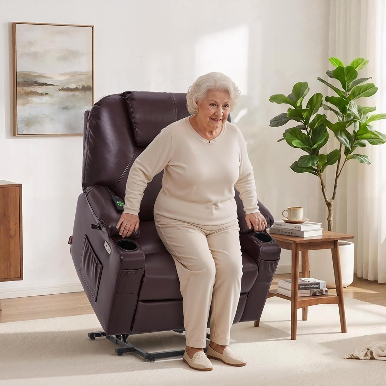image:imageMCombo Extra Wide Power Lift Recliner Chair for Elderly Lift Chair with Heat and Massage for Big People USBampType C Ports Cup Holders Faux Leather R7045 Grey MediumWideDark Brown