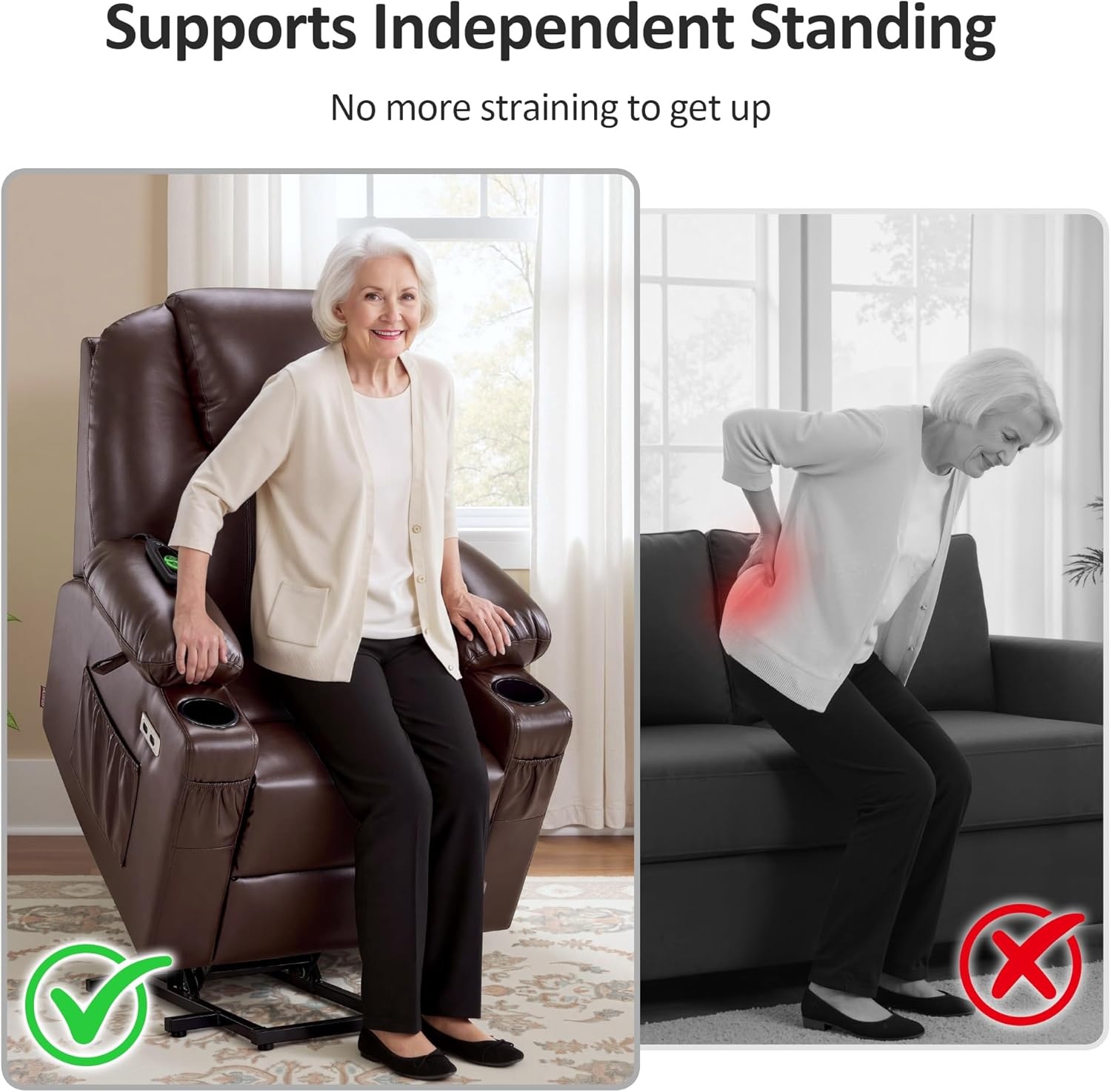 image:imageMCombo Extra Wide Power Lift Recliner Chair for Elderly Lift Chair with Heat and Massage for Big People USBampType C Ports Cup Holders Faux Leather R7045 Grey MediumWideDark Brown
