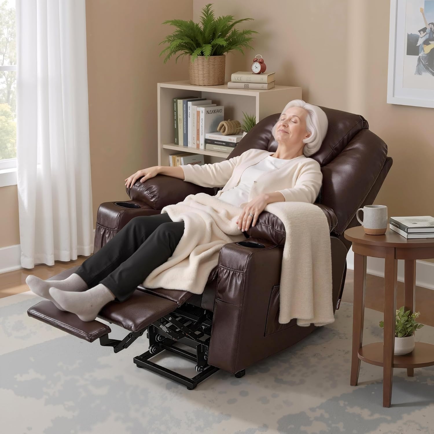 image:imageMCombo Extra Wide Power Lift Recliner Chair for Elderly Lift Chair with Heat and Massage for Big People USBampType C Ports Cup Holders Faux Leather R7045 Grey MediumWideDark Brown