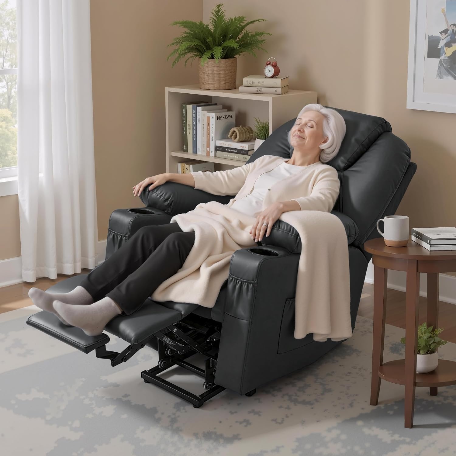 image:imageMCombo Extra Wide Power Lift Recliner Chair for Elderly Lift Chair with Heat and Massage for Big People USBampType C Ports Cup Holders Faux Leather R7045 Grey MediumWideBlack