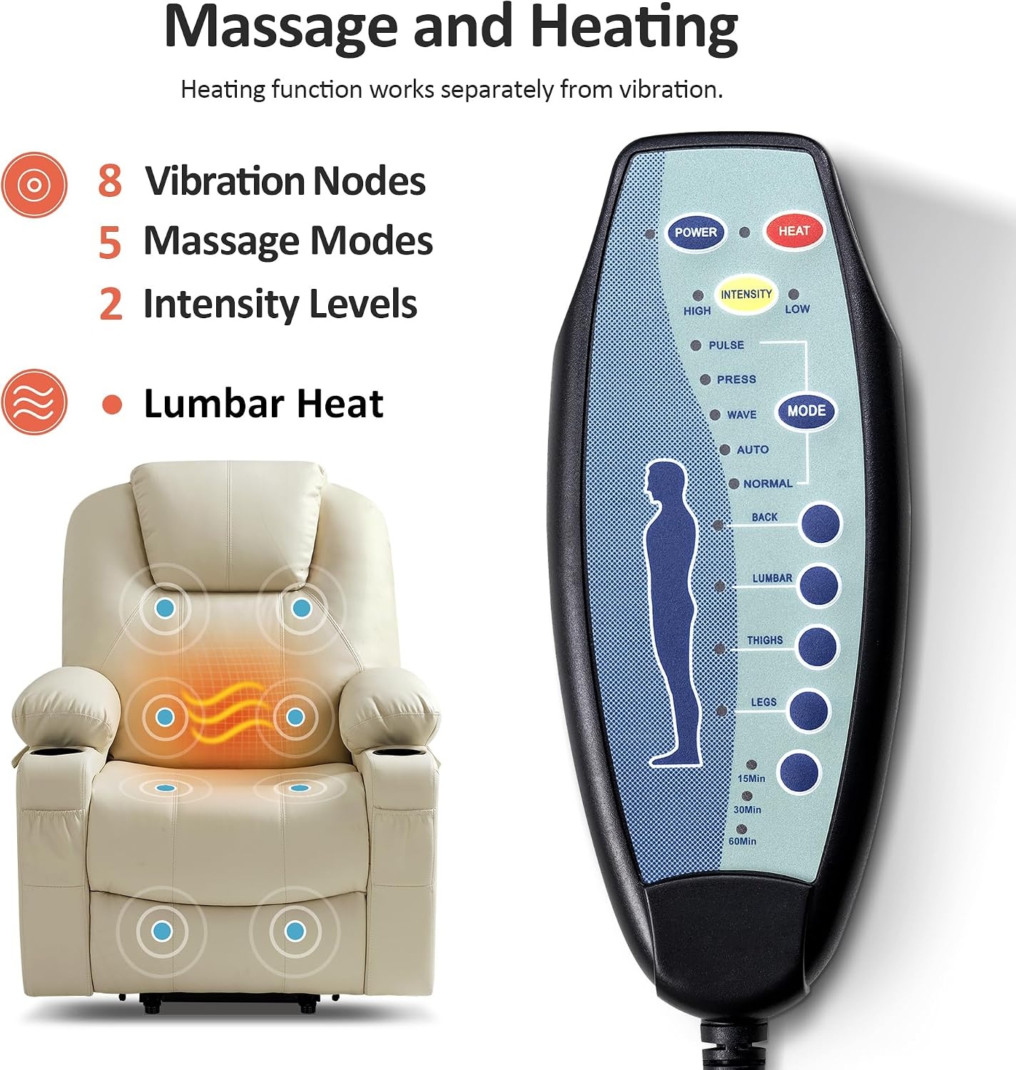 image:imageMCombo Extra Wide Power Lift Recliner Chair for Elderly Lift Chair with Heat and Massage for Big People USBampType C Ports Cup Holders Faux Leather R7045 Grey MediumWideCream White