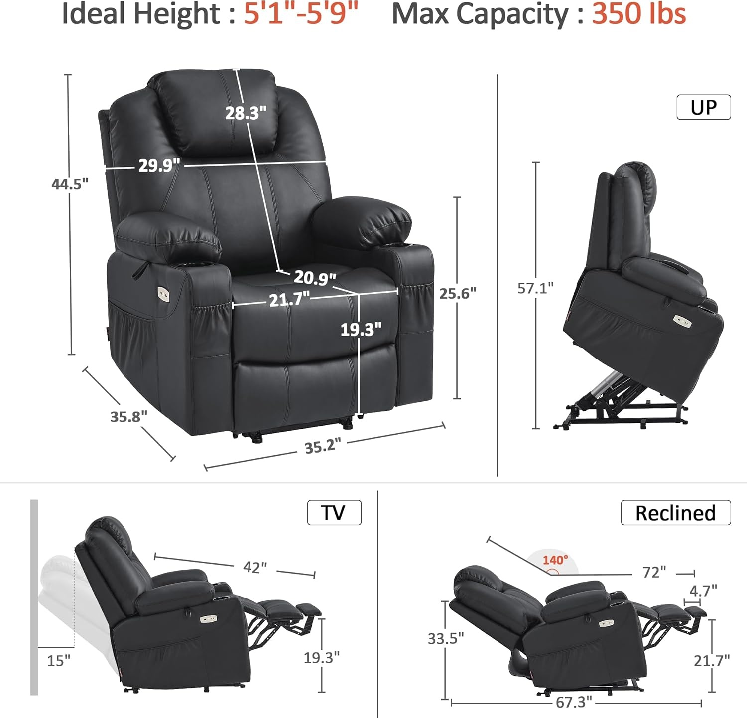 image:imageMCombo Extra Wide Power Lift Recliner Chair for Elderly Lift Chair with Heat and Massage for Big People USBampType C Ports Cup Holders Faux Leather R7045 Grey MediumWideBlack