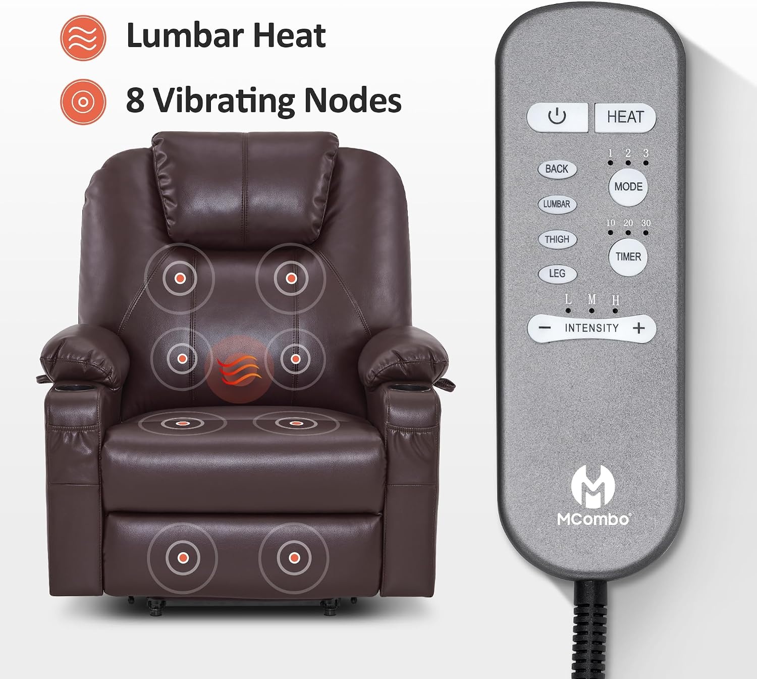 image:imageMCombo Extra Wide Power Lift Recliner Chair for Elderly Lift Chair with Heat and Massage for Big People USBampType C Ports Cup Holders Faux Leather R7045 Grey MediumWideDark Brown