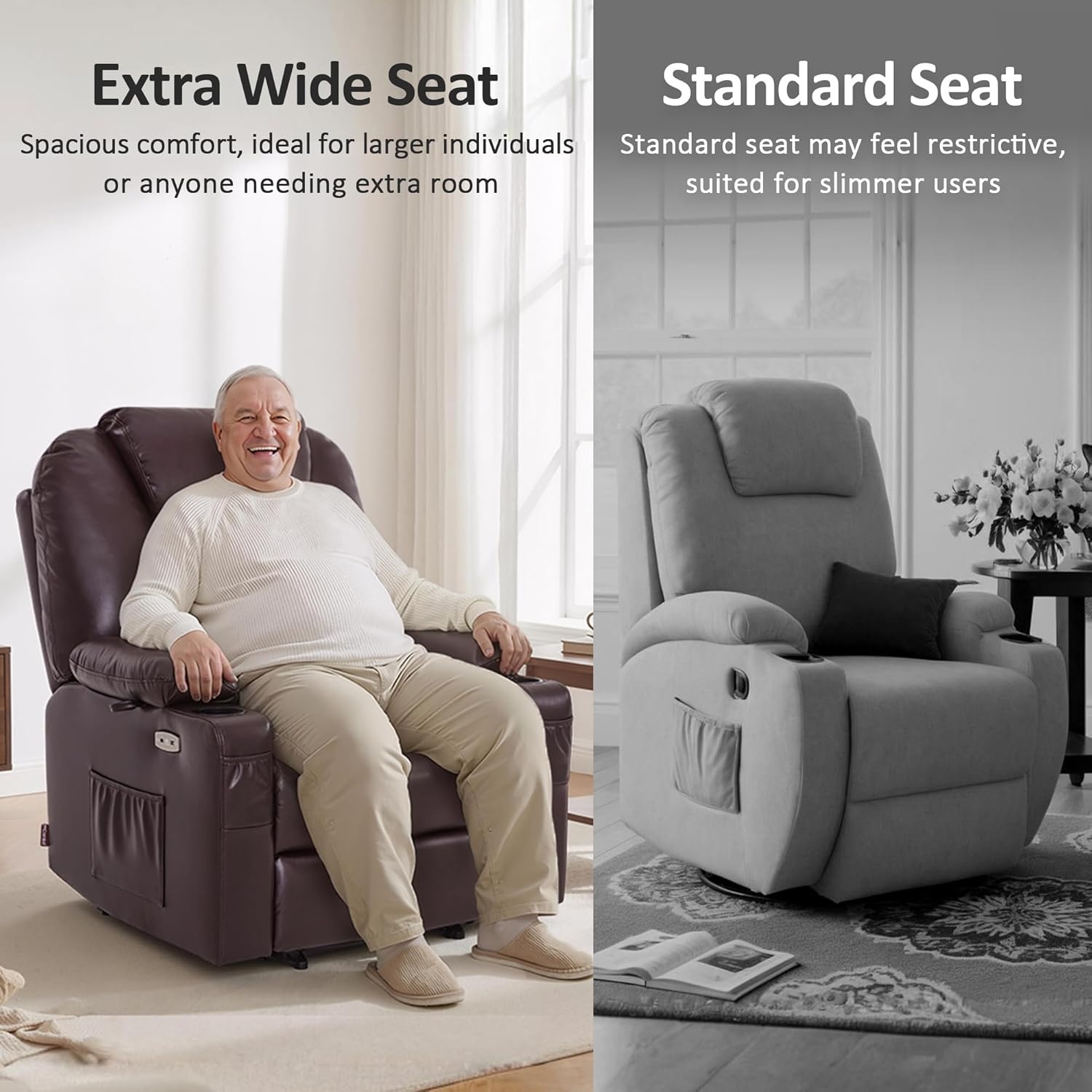 image:imageMCombo Extra Wide Power Lift Recliner Chair for Elderly Lift Chair with Heat and Massage for Big People USBampType C Ports Cup Holders Faux Leather R7045 Grey MediumWideDark Brown