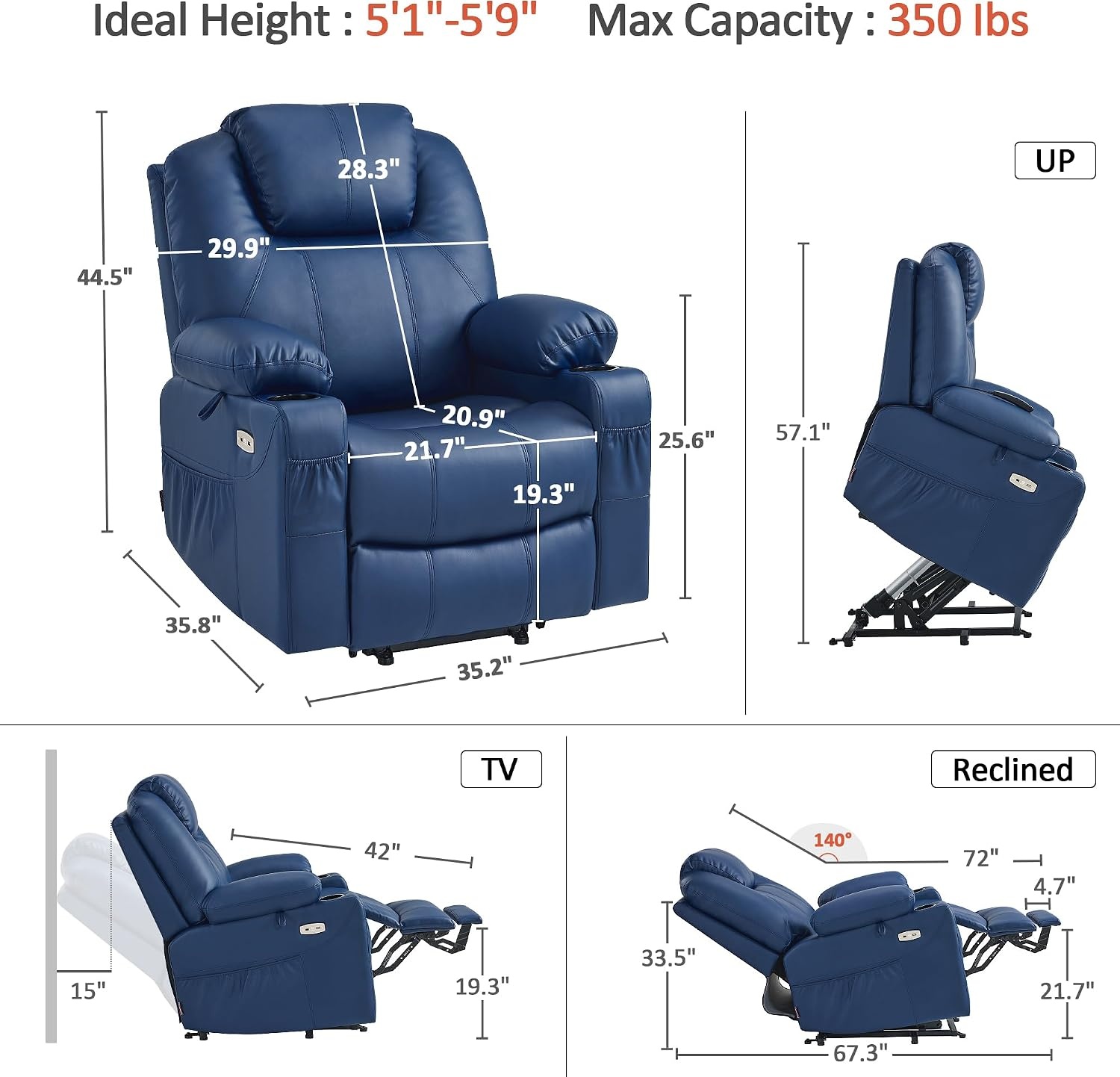 image:imageMCombo Extra Wide Power Lift Recliner Chair for Elderly Lift Chair with Heat and Massage for Big People USBampType C Ports Cup Holders Faux Leather R7045 Grey MediumWideBlue