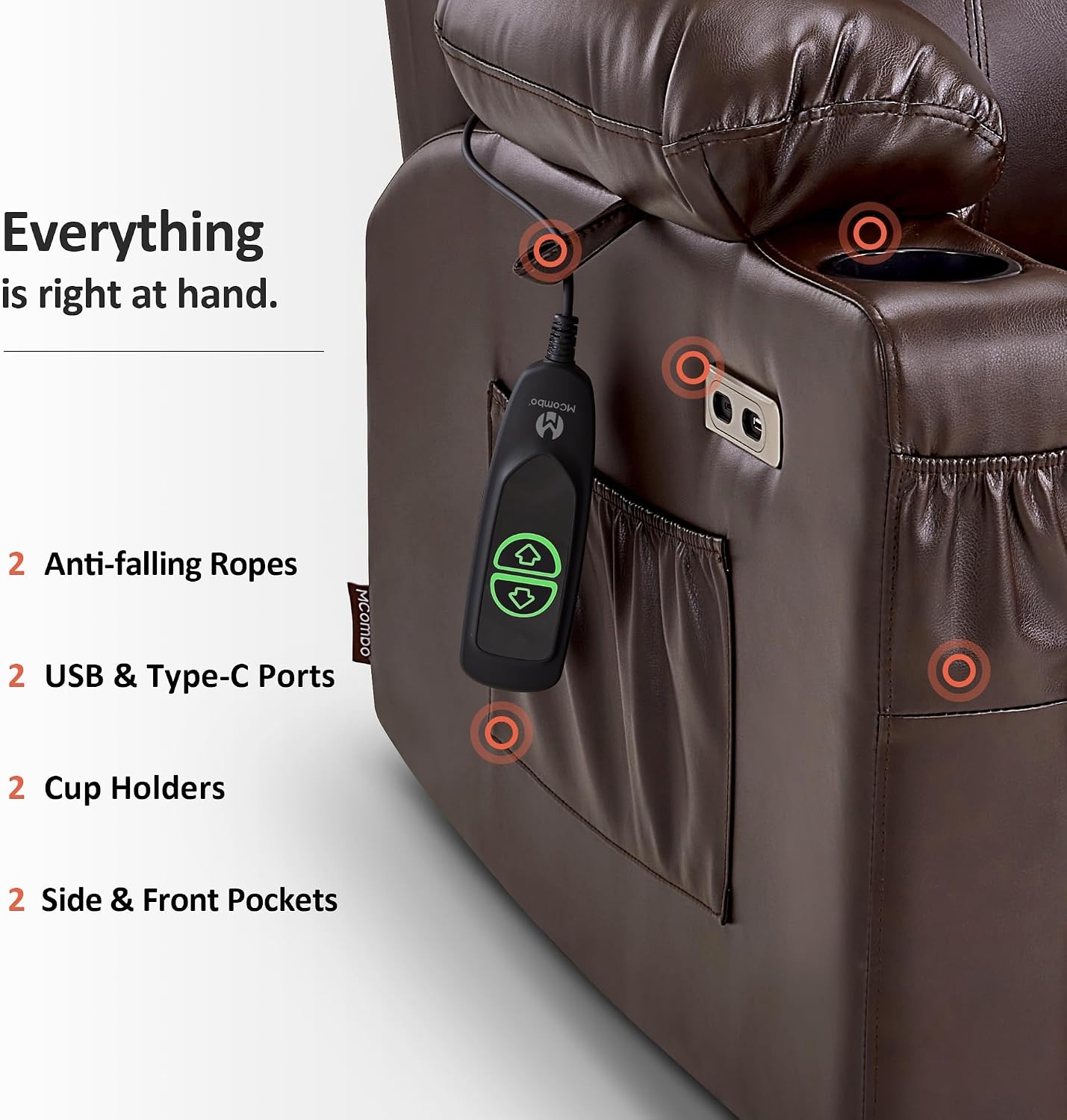 image:imageMCombo Extra Wide Power Lift Recliner Chair for Elderly Lift Chair with Heat and Massage for Big People USBampType C Ports Cup Holders Faux Leather R7045 Grey MediumWideDark Brown