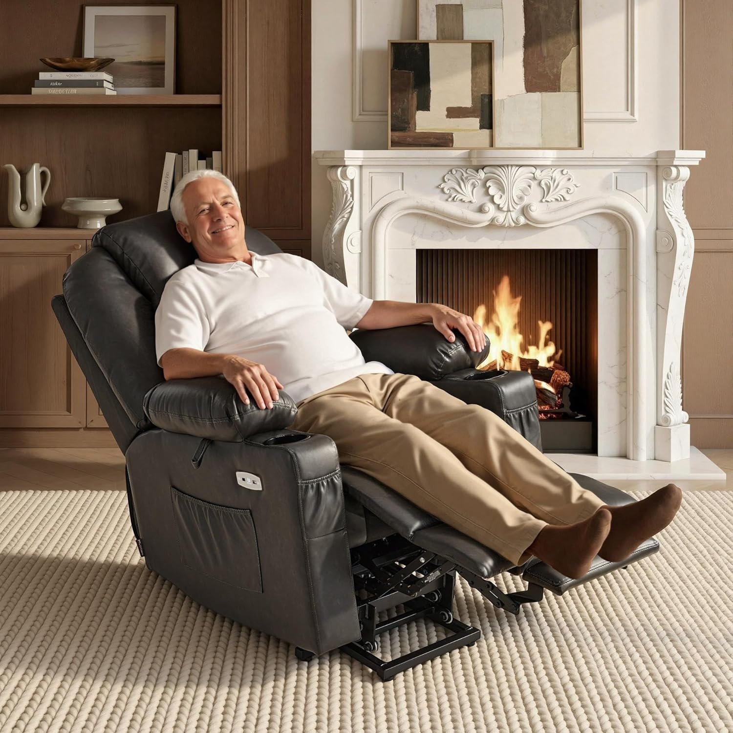 image:imageMCombo Extra Wide Power Lift Recliner Chair for Elderly Lift Chair with Heat and Massage for Big People USBampType C Ports Cup Holders Faux Leather R7045 Grey MediumWideGrey