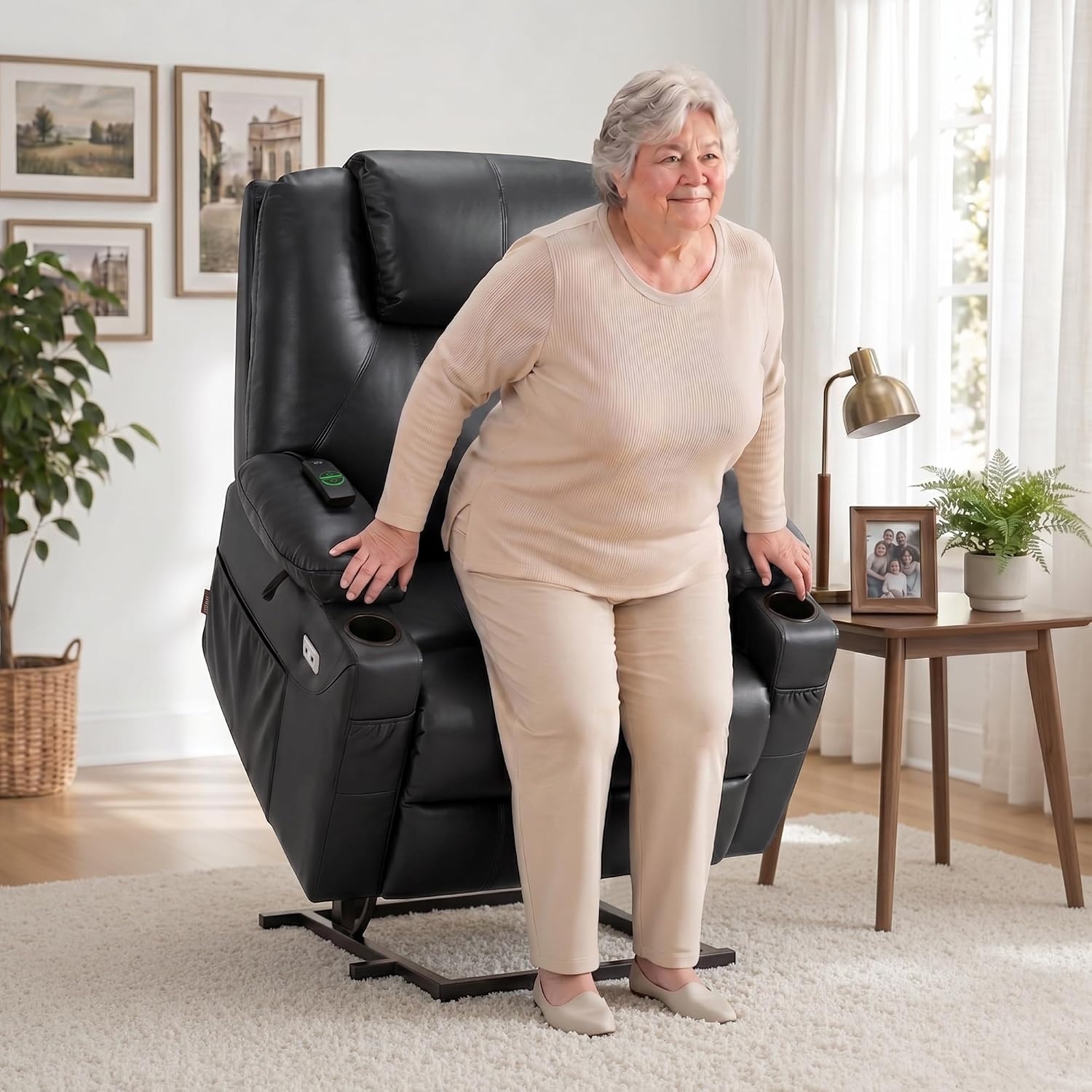 image:imageMCombo Extra Wide Power Lift Recliner Chair for Elderly Lift Chair with Heat and Massage for Big People USBampType C Ports Cup Holders Faux Leather R7045 Grey MediumWideBlack