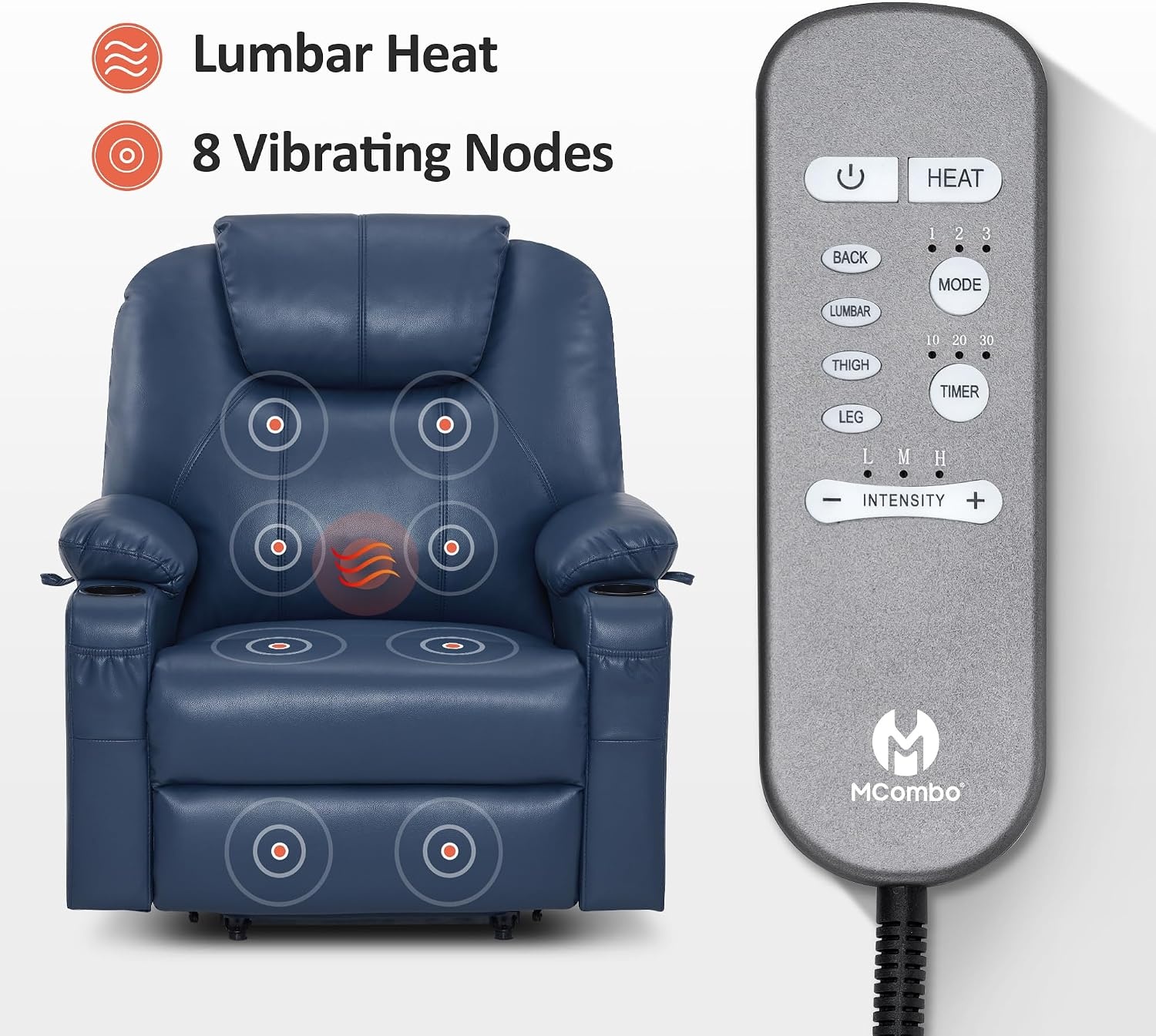 image:imageMCombo Extra Wide Power Lift Recliner Chair for Elderly Lift Chair with Heat and Massage for Big People USBampType C Ports Cup Holders Faux Leather R7045 Grey MediumWideBlue