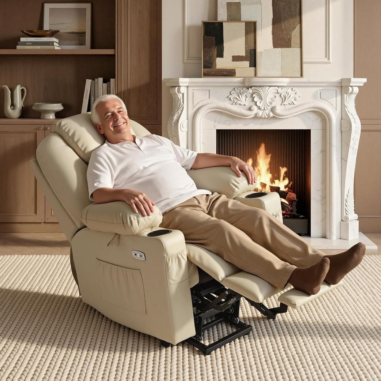 image:imageMCombo Extra Wide Power Lift Recliner Chair for Elderly Lift Chair with Heat and Massage for Big People USBampType C Ports Cup Holders Faux Leather R7045 Grey MediumWideCream White