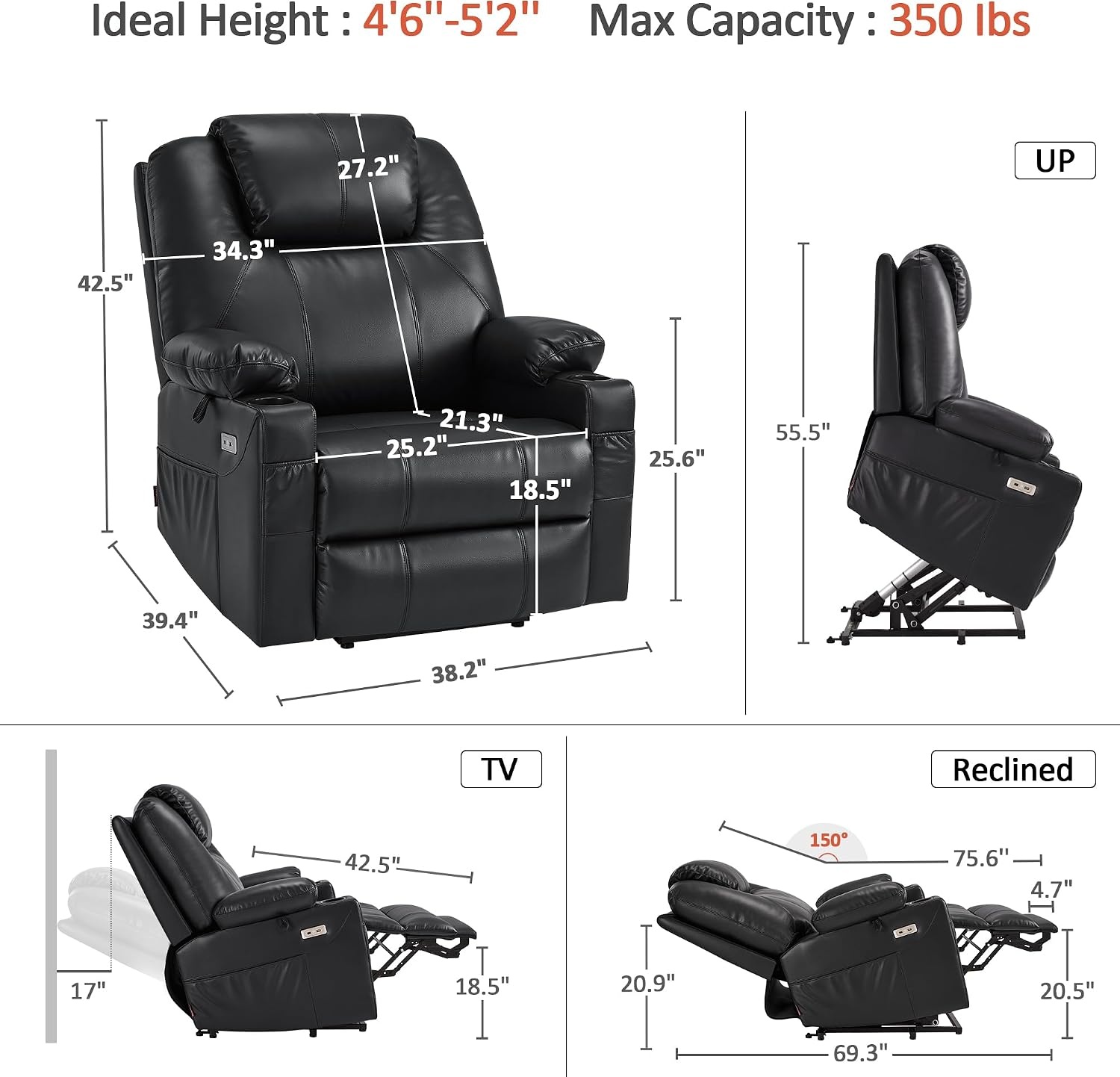 image:imageMCombo Extra Wide Power Lift Recliner Chair for Elderly Lift Chair with Heat and Massage for Big People USBampType C Ports Cup Holders Faux Leather R7045 Grey MediumWideBlack