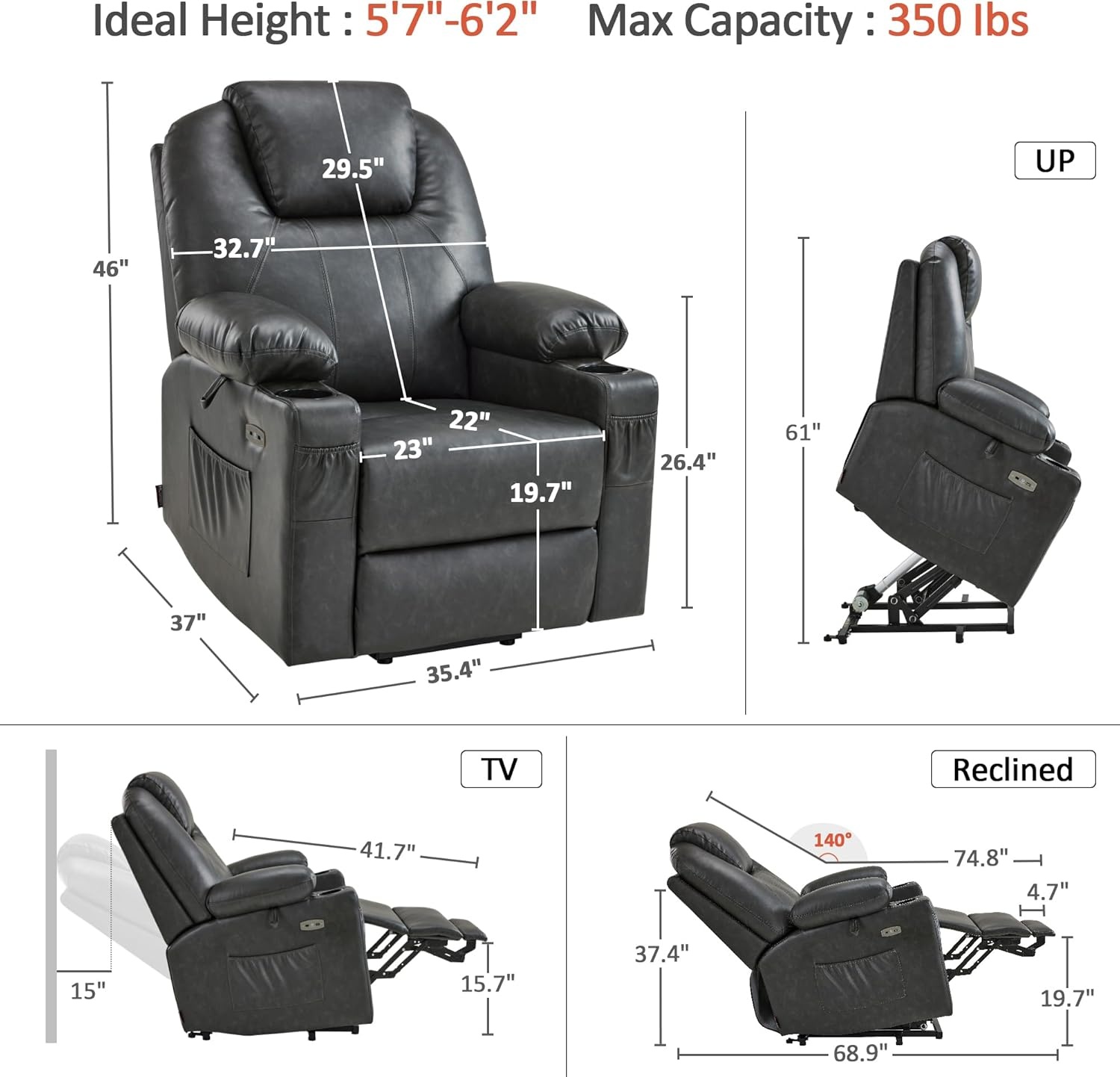 image:imageMCombo Extra Wide Power Lift Recliner Chair for Elderly Lift Chair with Heat and Massage for Big People USBampType C Ports Cup Holders Faux Leather R7045 Grey MediumWideGrey