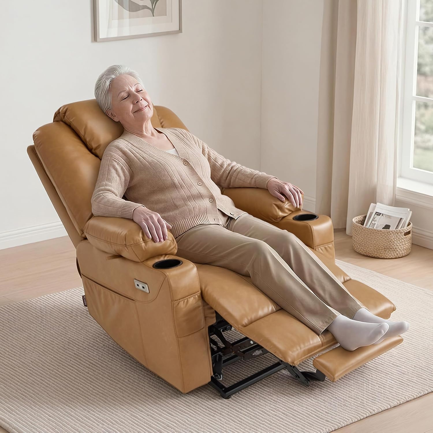 image:imageMCombo Extra Wide Power Lift Recliner Chair for Elderly Lift Chair with Heat and Massage for Big People USBampType C Ports Cup Holders Faux Leather R7045 Grey MediumWideTawny