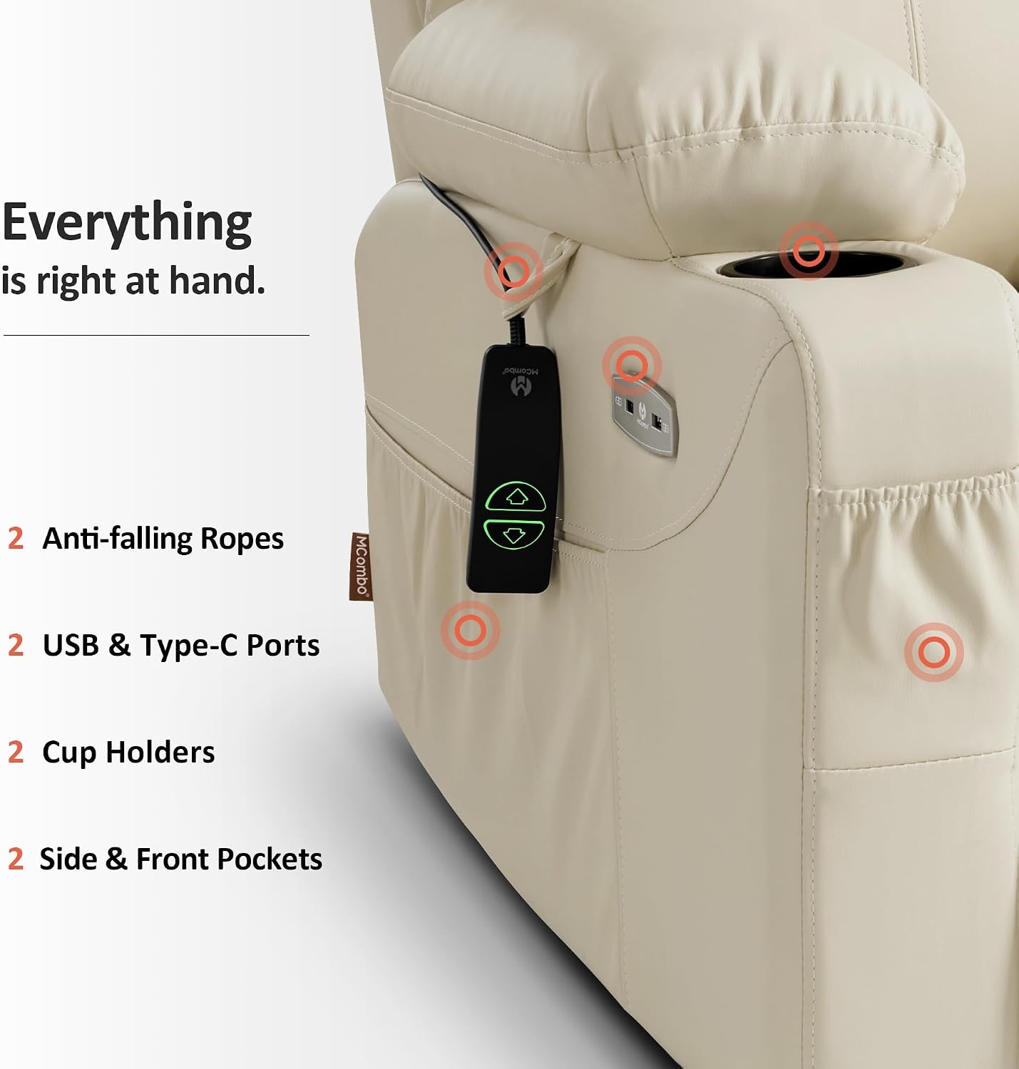image:imageMCombo Extra Wide Power Lift Recliner Chair for Elderly Lift Chair with Heat and Massage for Big People USBampType C Ports Cup Holders Faux Leather R7045 Grey MediumWideCream White