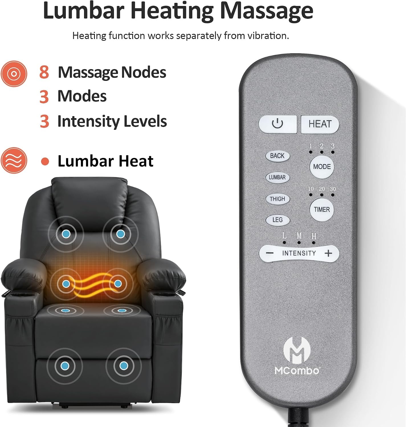 image:imageMCombo Extra Wide Power Lift Recliner Chair for Elderly Lift Chair with Heat and Massage for Big People USBampType C Ports Cup Holders Faux Leather R7045 Grey MediumWideBlack