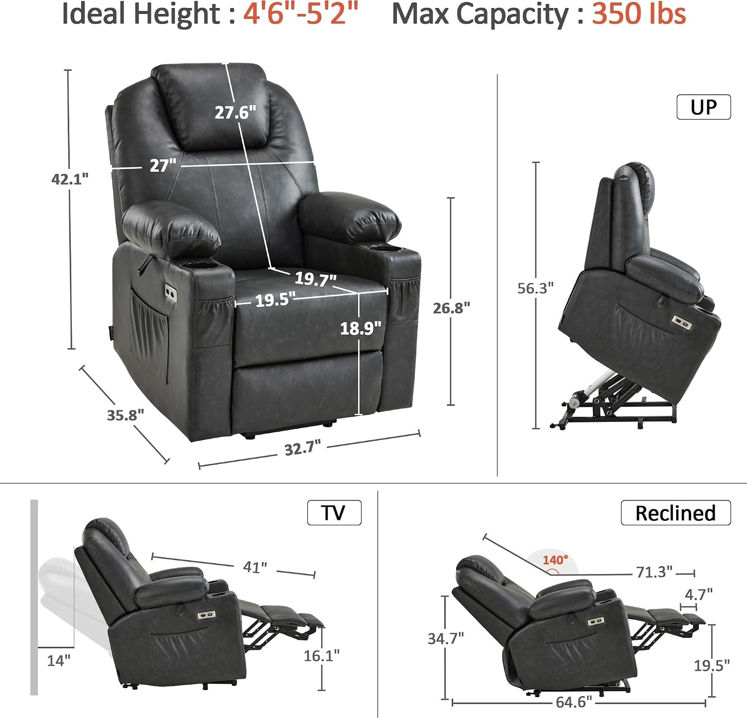 image:imageMCombo Extra Wide Power Lift Recliner Chair for Elderly Lift Chair with Heat and Massage for Big People USBampType C Ports Cup Holders Faux Leather R7045 Grey MediumWideGrey