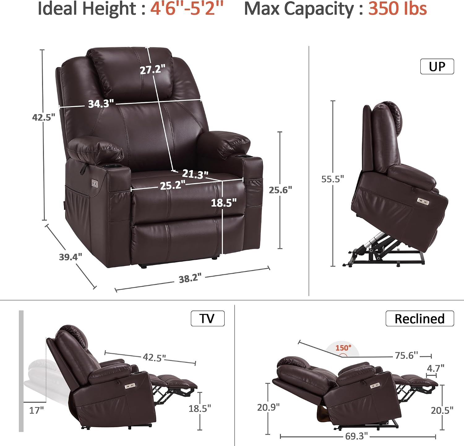 image:imageMCombo Extra Wide Power Lift Recliner Chair for Elderly Lift Chair with Heat and Massage for Big People USBampType C Ports Cup Holders Faux Leather R7045 Grey MediumWideDark Brown