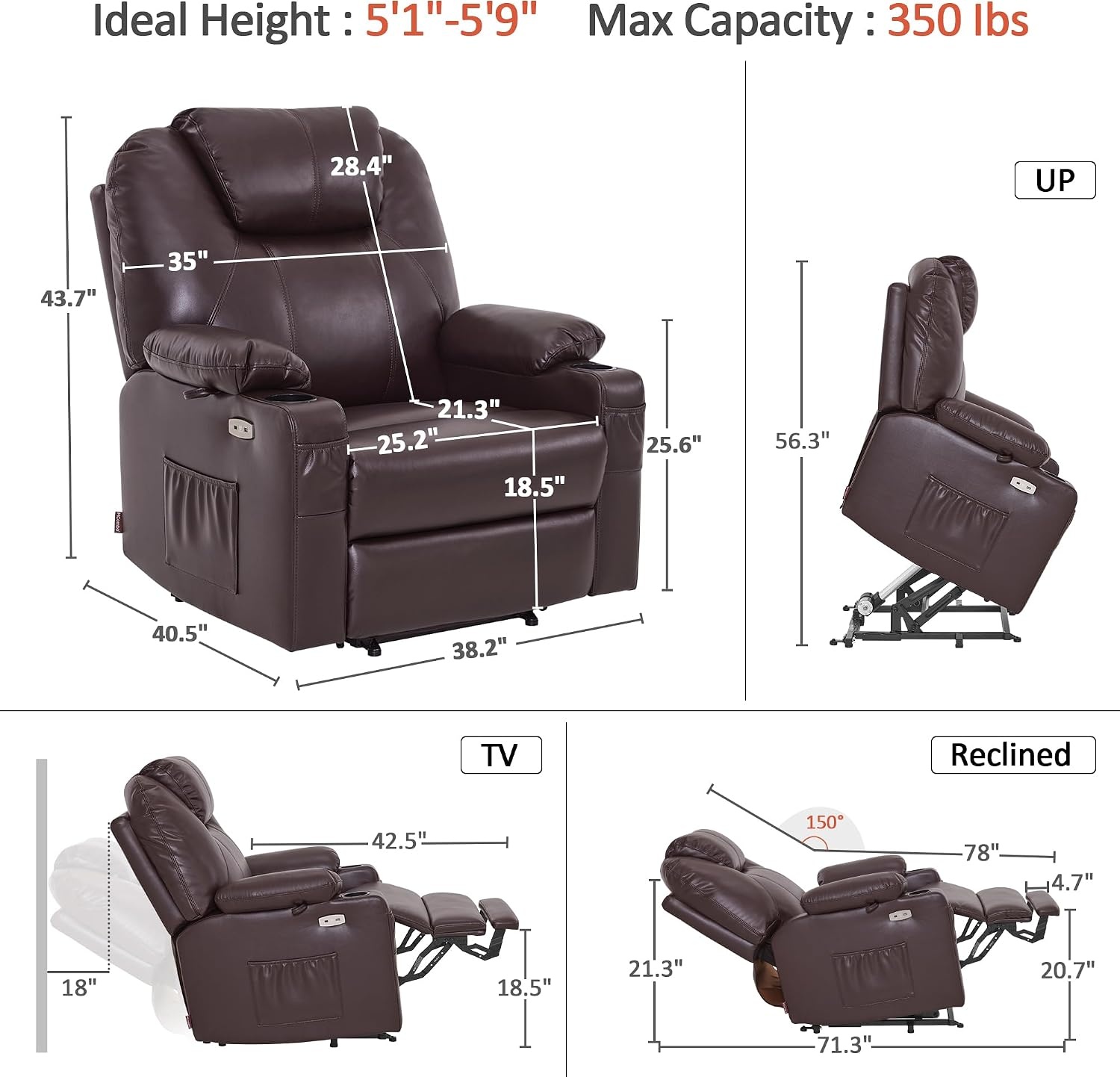 image:imageMCombo Extra Wide Power Lift Recliner Chair for Elderly Lift Chair with Heat and Massage for Big People USBampType C Ports Cup Holders Faux Leather R7045 Grey MediumWideDark Brown