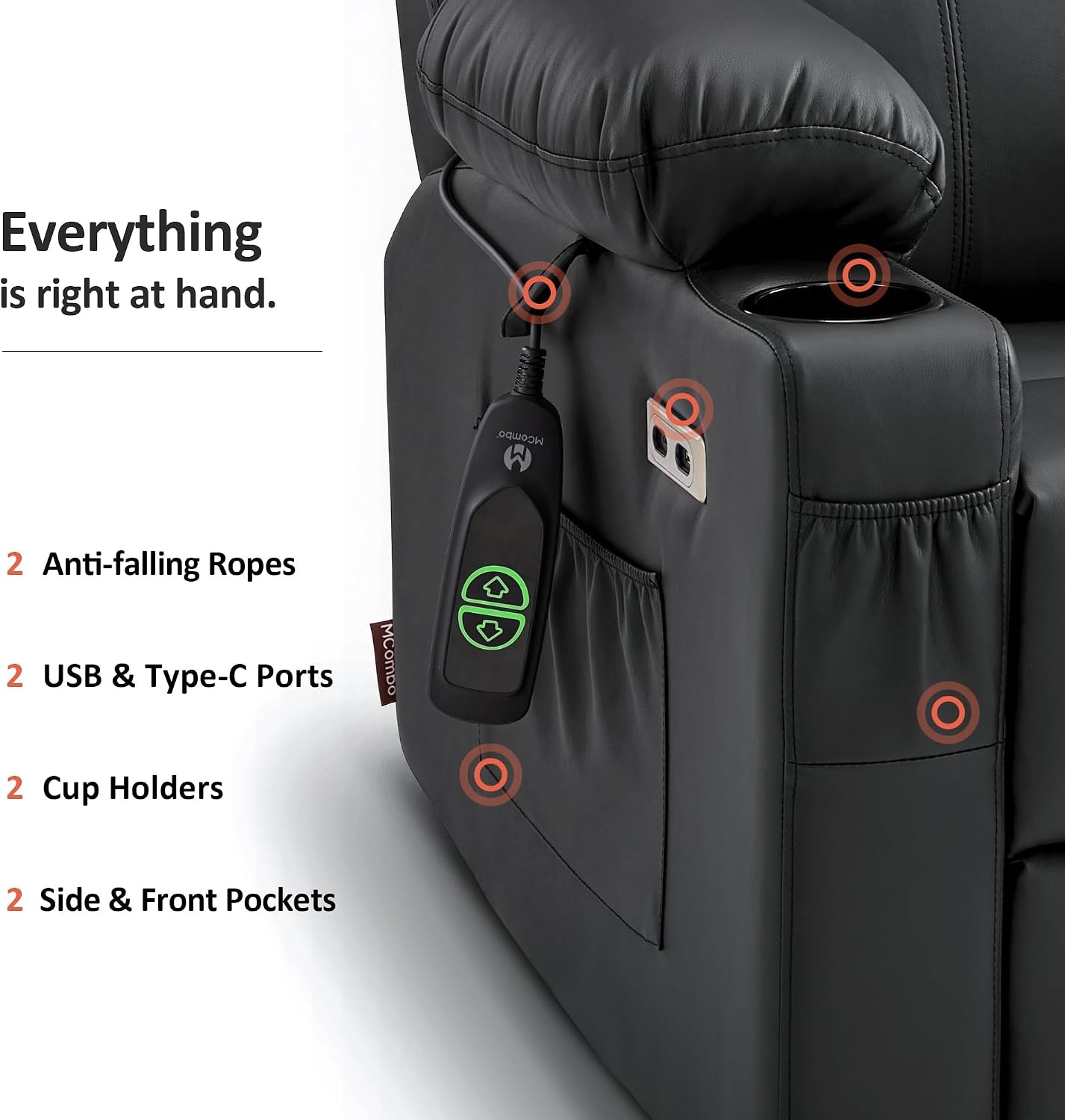 image:imageMCombo Extra Wide Power Lift Recliner Chair for Elderly Lift Chair with Heat and Massage for Big People USBampType C Ports Cup Holders Faux Leather R7045 Grey MediumWideBlack