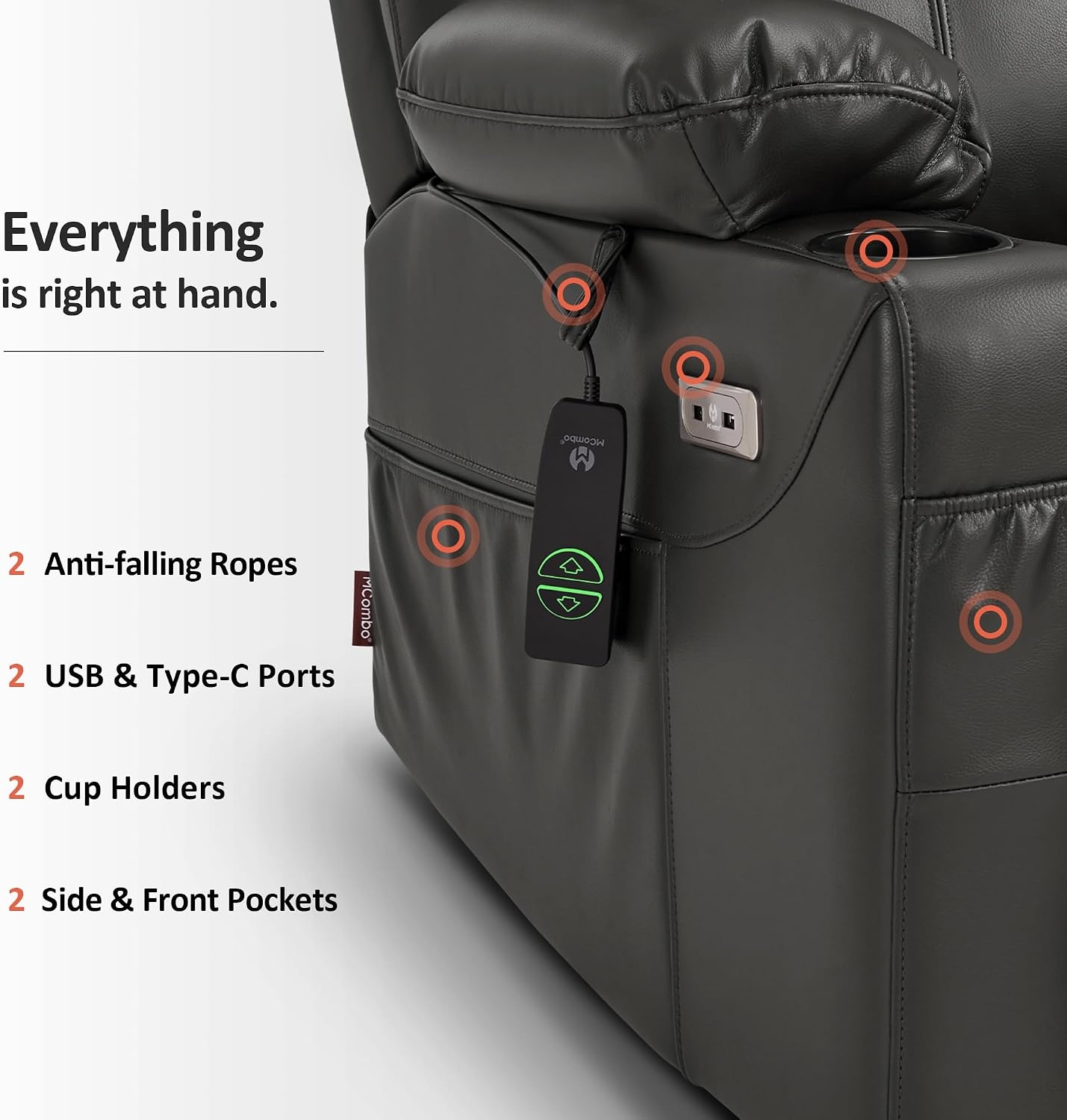 image:imageMCombo Extra Wide Power Lift Recliner Chair for Elderly Lift Chair with Heat and Massage for Big People USBampType C Ports Cup Holders Faux Leather R7045 Grey MediumWideGrey