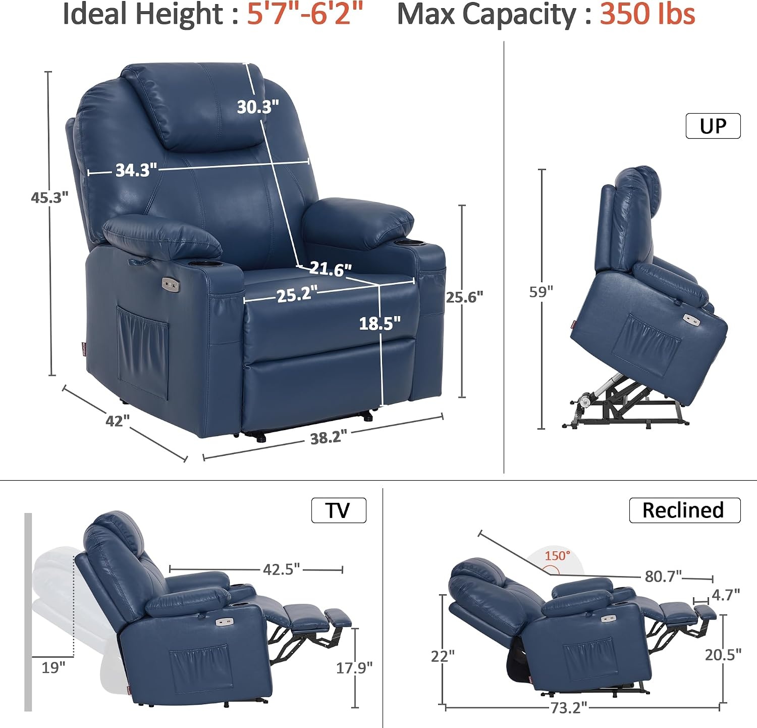 image:imageMCombo Extra Wide Power Lift Recliner Chair for Elderly Lift Chair with Heat and Massage for Big People USBampType C Ports Cup Holders Faux Leather R7045 Grey MediumWideBlue