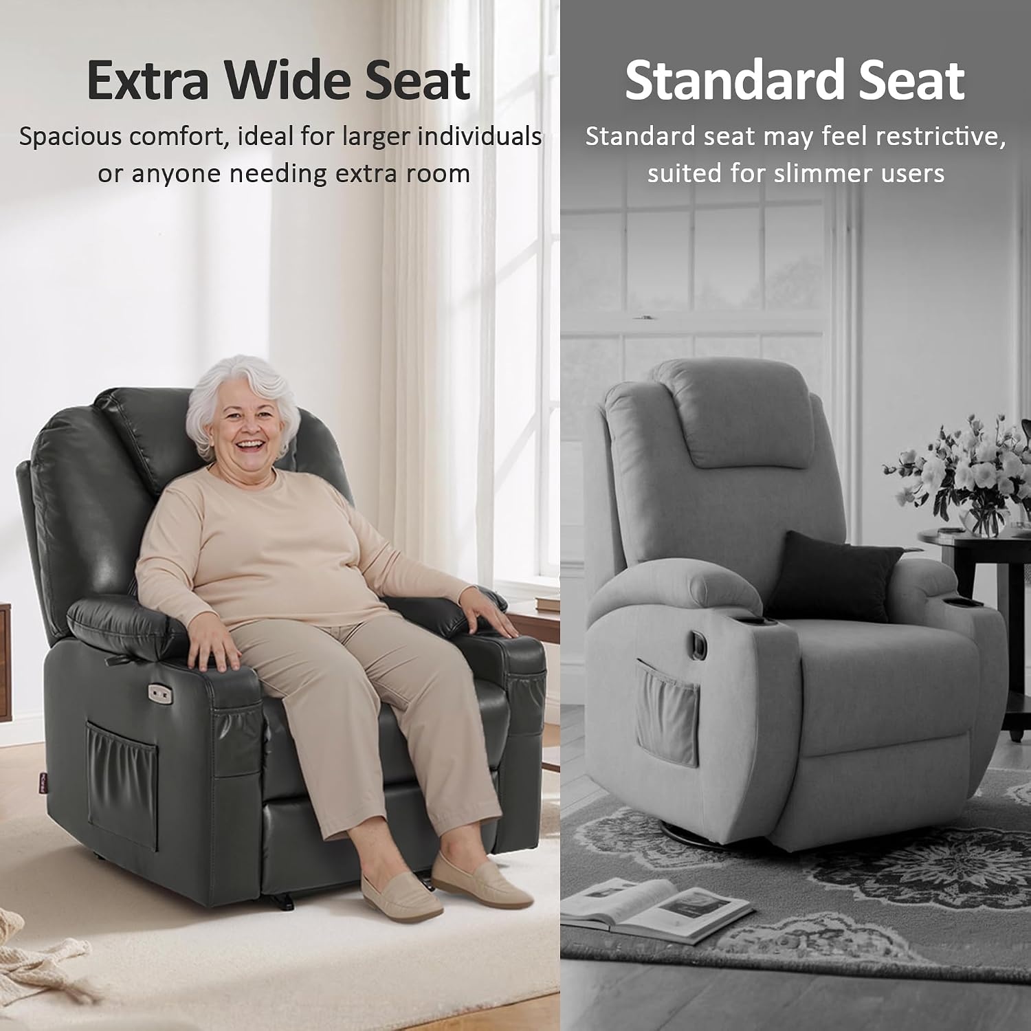 image:imageMCombo Extra Wide Power Lift Recliner Chair for Elderly Lift Chair with Heat and Massage for Big People USBampType C Ports Cup Holders Faux Leather R7045 Grey MediumWideGrey