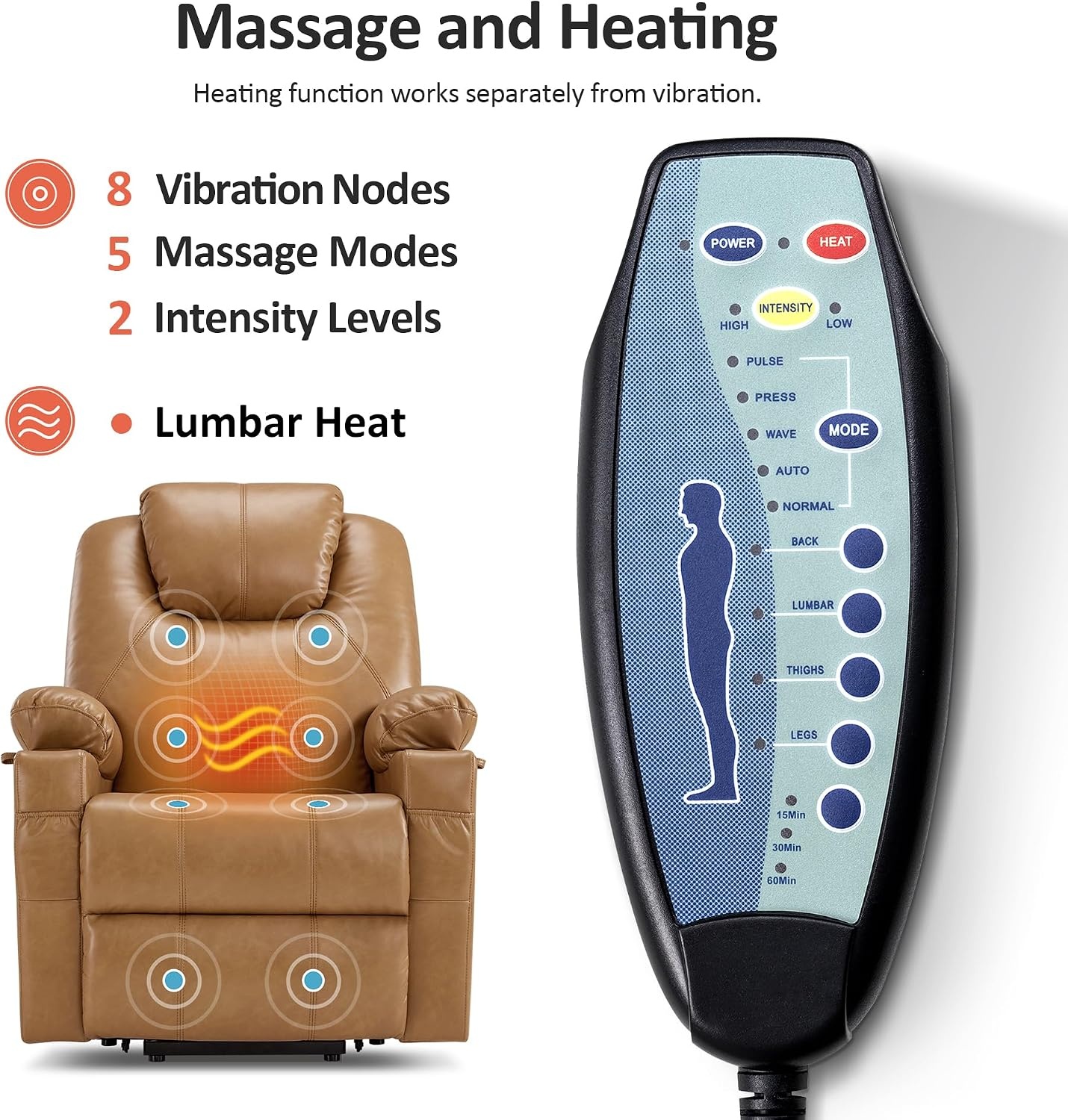 image:imageMCombo Extra Wide Power Lift Recliner Chair for Elderly Lift Chair with Heat and Massage for Big People USBampType C Ports Cup Holders Faux Leather R7045 Grey MediumWideTawny