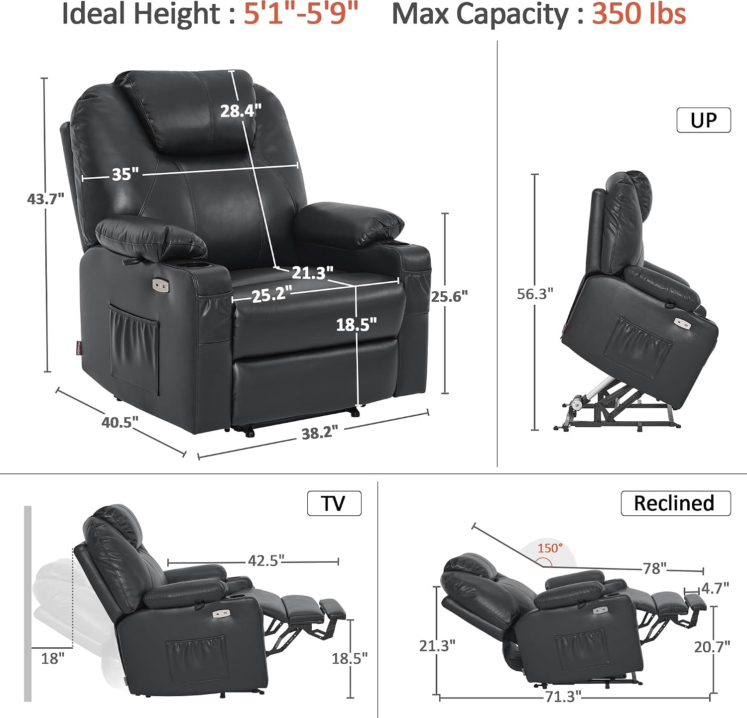 image:imageMCombo Extra Wide Power Lift Recliner Chair for Elderly Lift Chair with Heat and Massage for Big People USBampType C Ports Cup Holders Faux Leather R7045 Grey MediumWideBlack