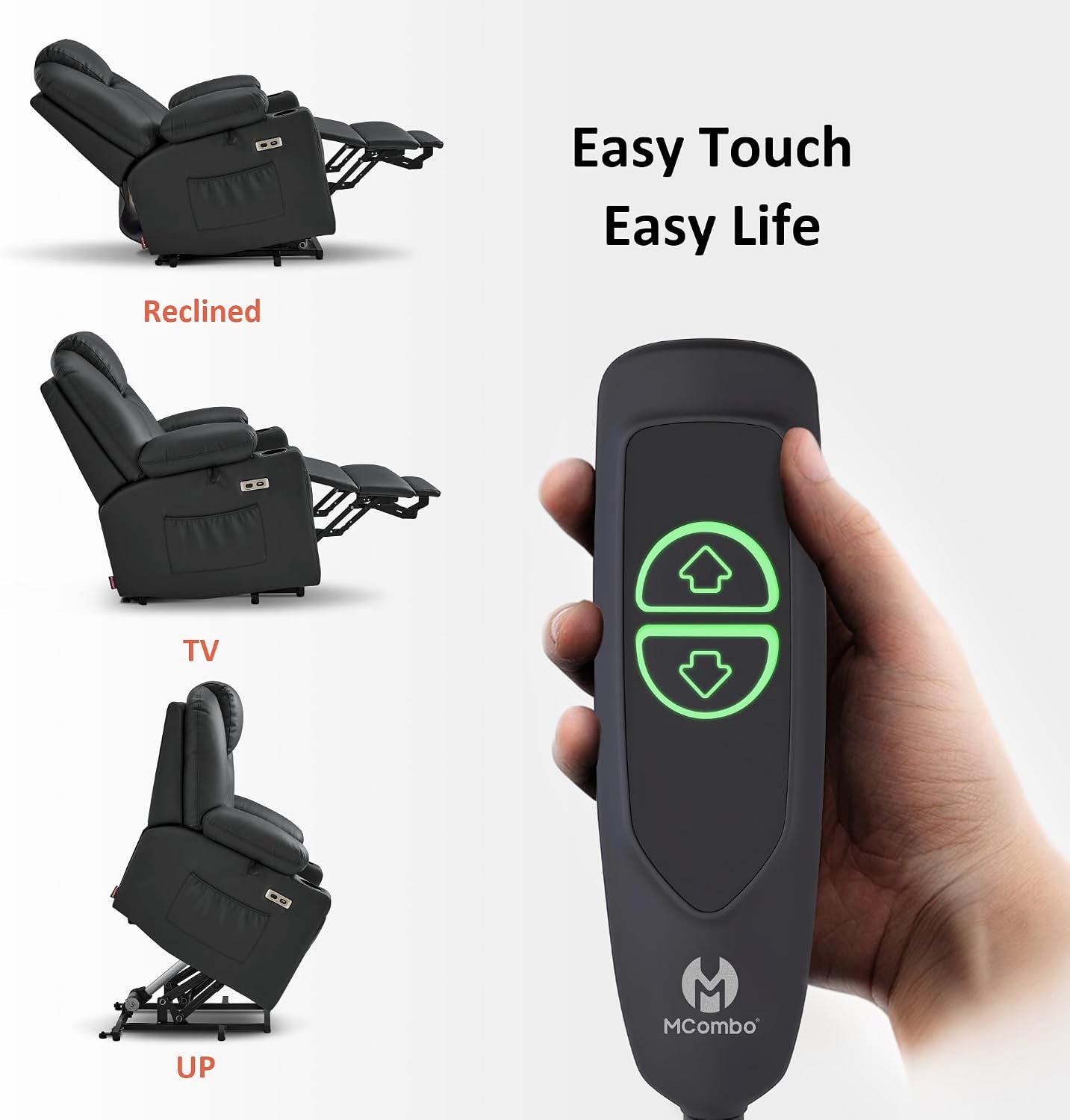 image:imageMCombo Extra Wide Power Lift Recliner Chair for Elderly Lift Chair with Heat and Massage for Big People USBampType C Ports Cup Holders Faux Leather R7045 Grey MediumWideBlack