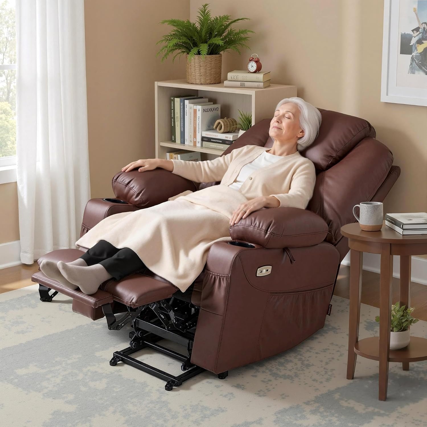 image:imageMCombo Extra Wide Power Lift Recliner Chair for Elderly Lift Chair with Heat and Massage for Big People USBampType C Ports Cup Holders Faux Leather R7045 Grey MediumWideLight Brown