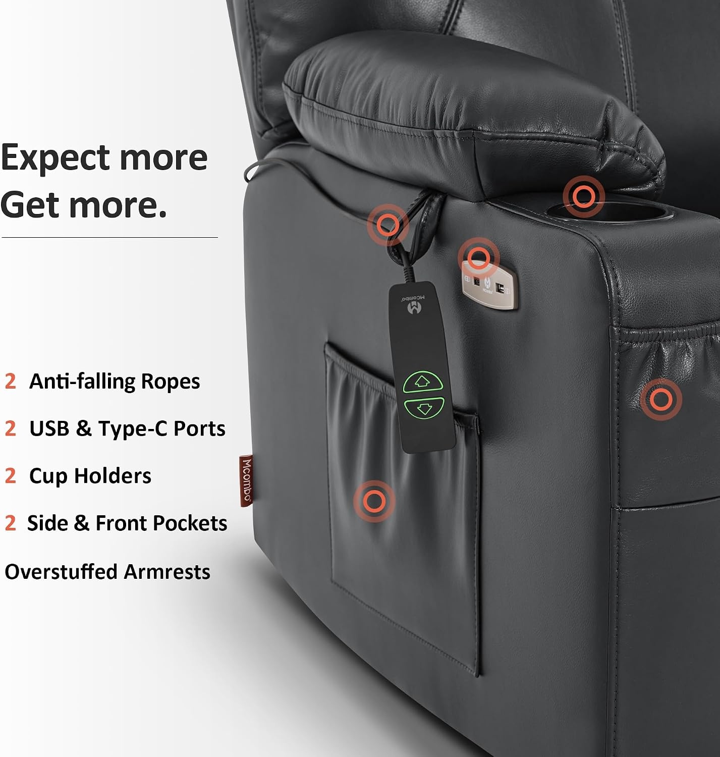image:imageMCombo Extra Wide Power Lift Recliner Chair for Elderly Lift Chair with Heat and Massage for Big People USBampType C Ports Cup Holders Faux Leather R7045 Grey MediumWideBlack