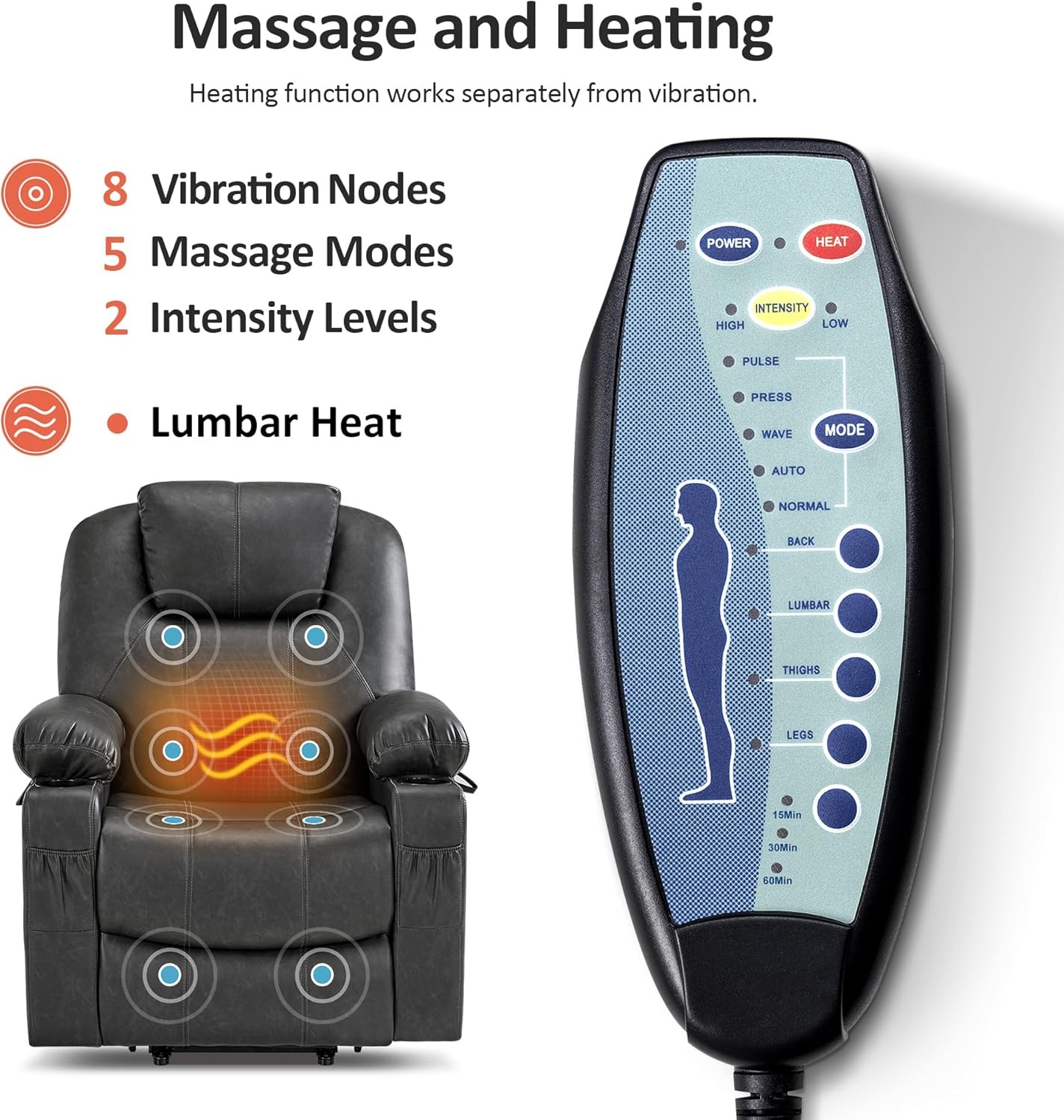 image:imageMCombo Extra Wide Power Lift Recliner Chair for Elderly Lift Chair with Heat and Massage for Big People USBampType C Ports Cup Holders Faux Leather R7045 Grey MediumWideGrey