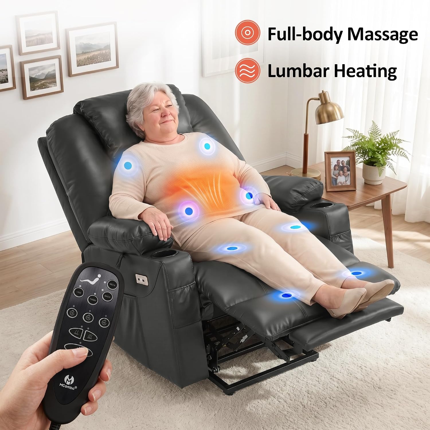 image:imageMCombo Extra Wide Power Lift Recliner Chair for Elderly Lift Chair with Heat and Massage for Big People USBampType C Ports Cup Holders Faux Leather R7045 Grey MediumWideGrey