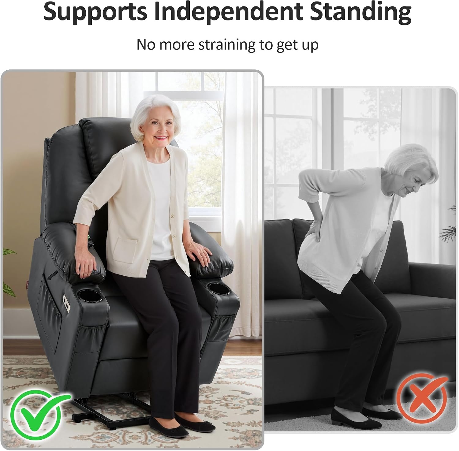 image:imageMCombo Extra Wide Power Lift Recliner Chair for Elderly Lift Chair with Heat and Massage for Big People USBampType C Ports Cup Holders Faux Leather R7045 Grey MediumWideBlack