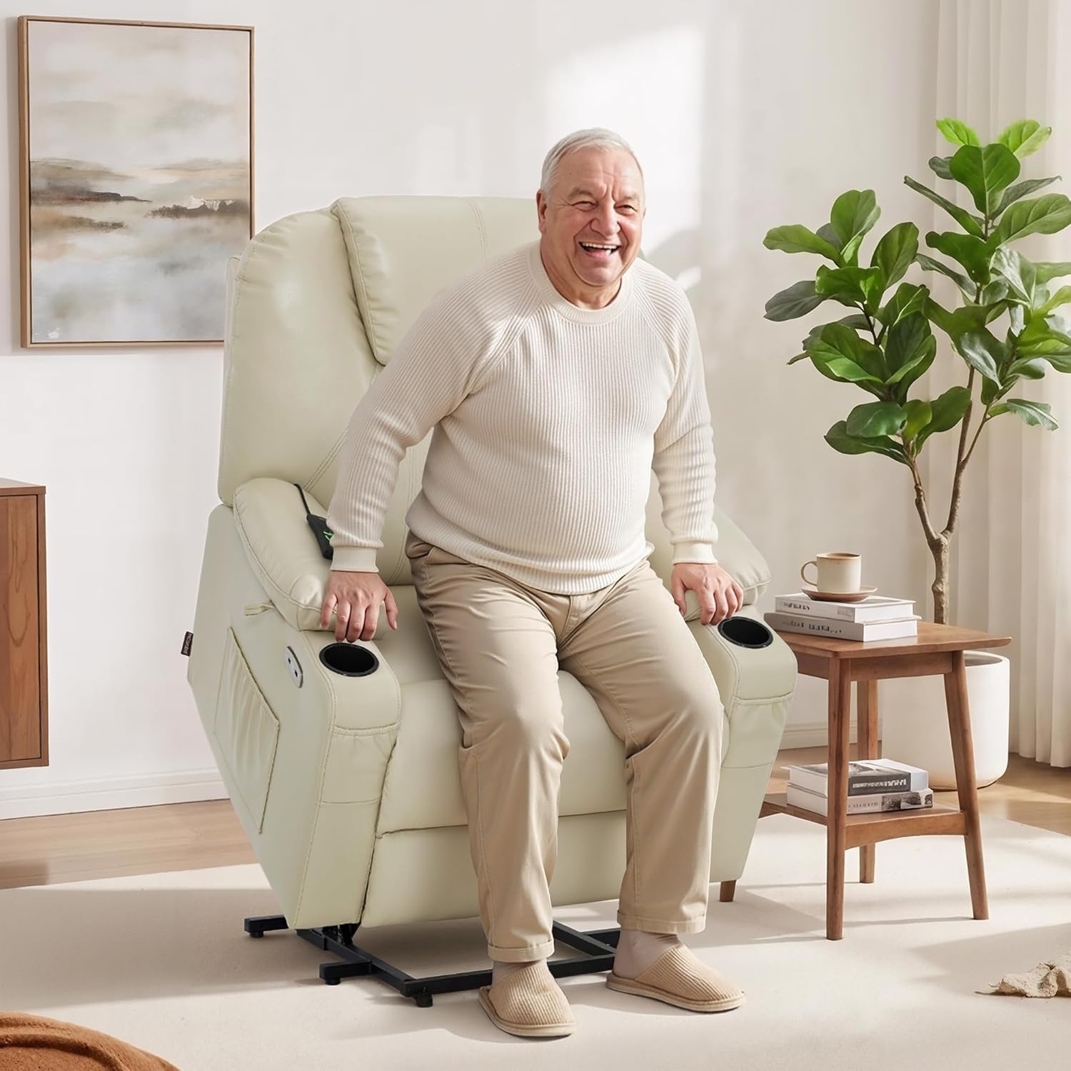 image:imageMCombo Extra Wide Power Lift Recliner Chair for Elderly Lift Chair with Heat and Massage for Big People USBampType C Ports Cup Holders Faux Leather R7045 Grey MediumWideCream White