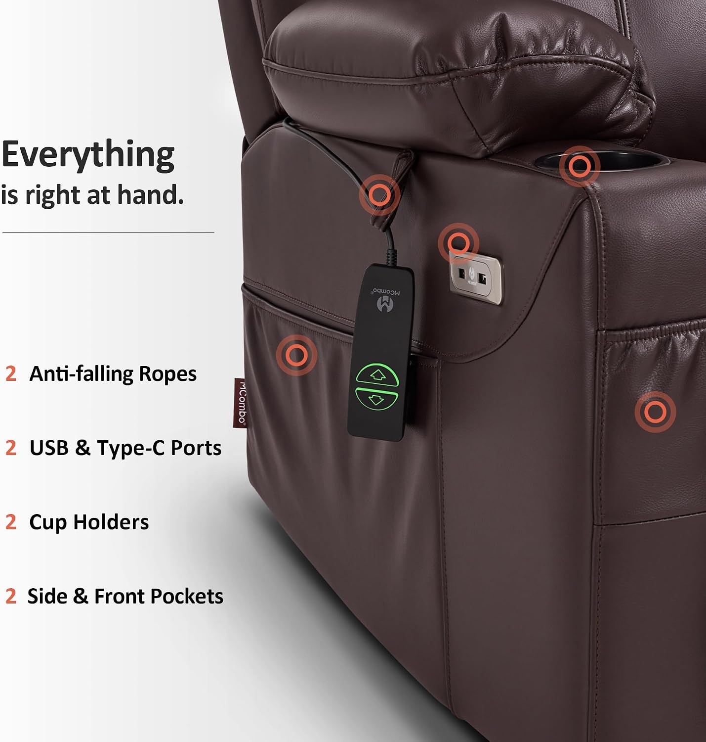image:imageMCombo Extra Wide Power Lift Recliner Chair for Elderly Lift Chair with Heat and Massage for Big People USBampType C Ports Cup Holders Faux Leather R7045 Grey MediumWideDark Brown