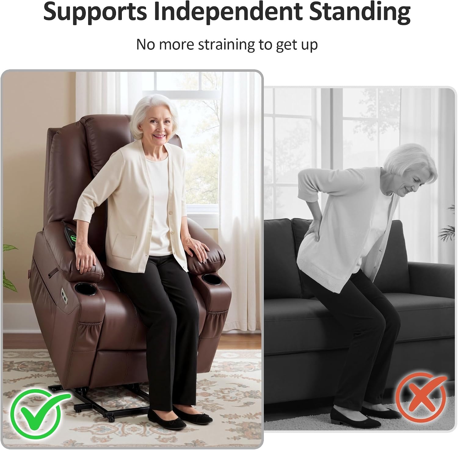 image:imageMCombo Extra Wide Power Lift Recliner Chair for Elderly Lift Chair with Heat and Massage for Big People USBampType C Ports Cup Holders Faux Leather R7045 Grey MediumWideLight Brown