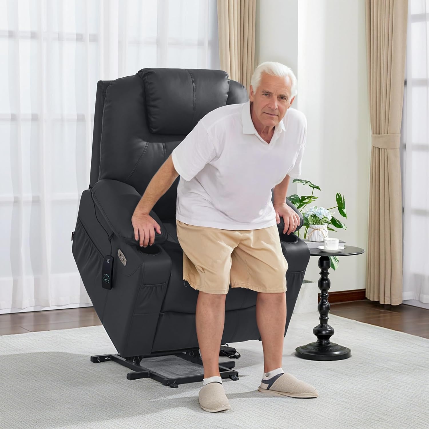 image:imageMCombo Extra Wide Power Lift Recliner Chair for Elderly Lift Chair with Heat and Massage for Big People USBampType C Ports Cup Holders Faux Leather R7045 Grey MediumWideBlack