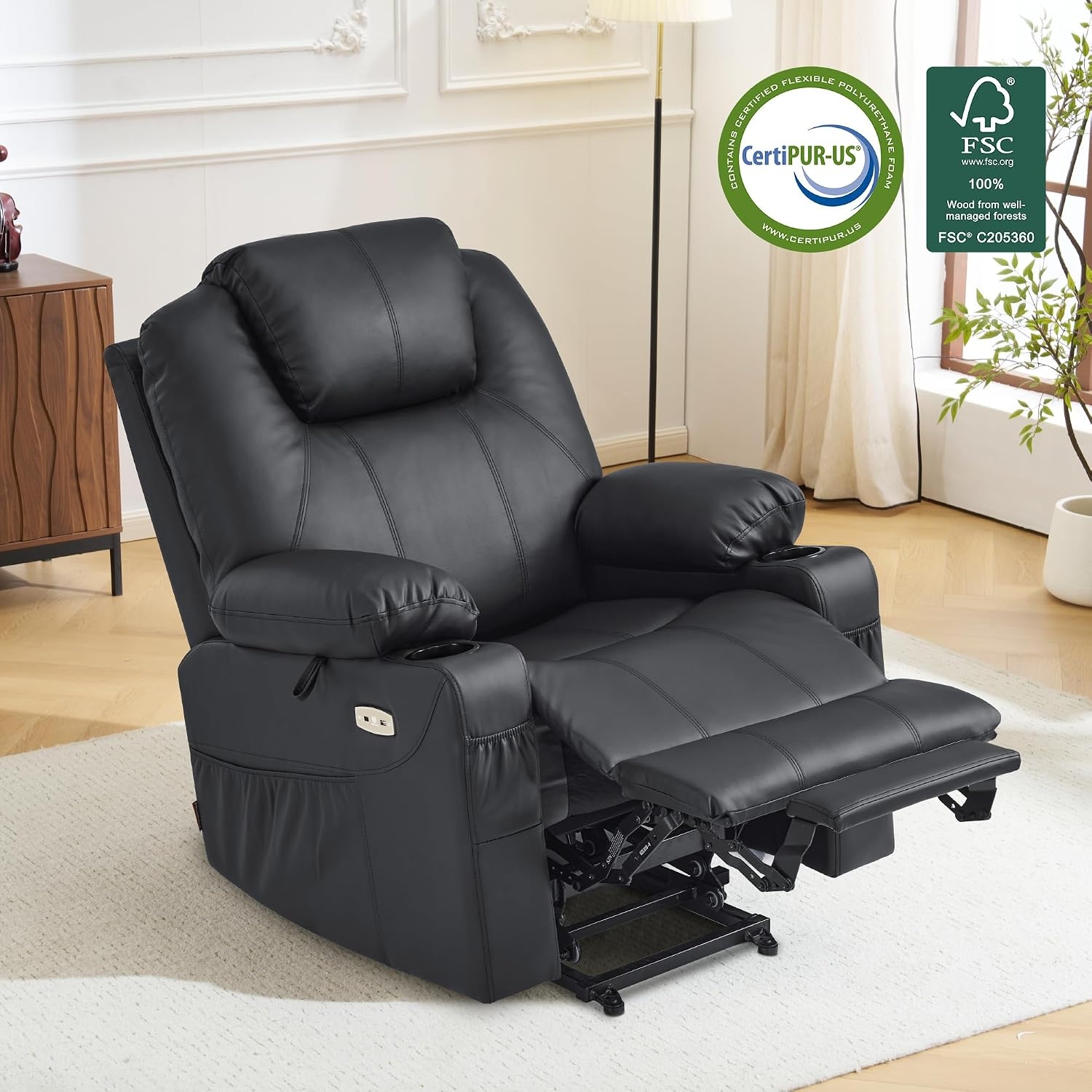 image:imageMCombo Extra Wide Power Lift Recliner Chair for Elderly Lift Chair with Heat and Massage for Big People USBampType C Ports Cup Holders Faux Leather R7045 Grey MediumWideBlack