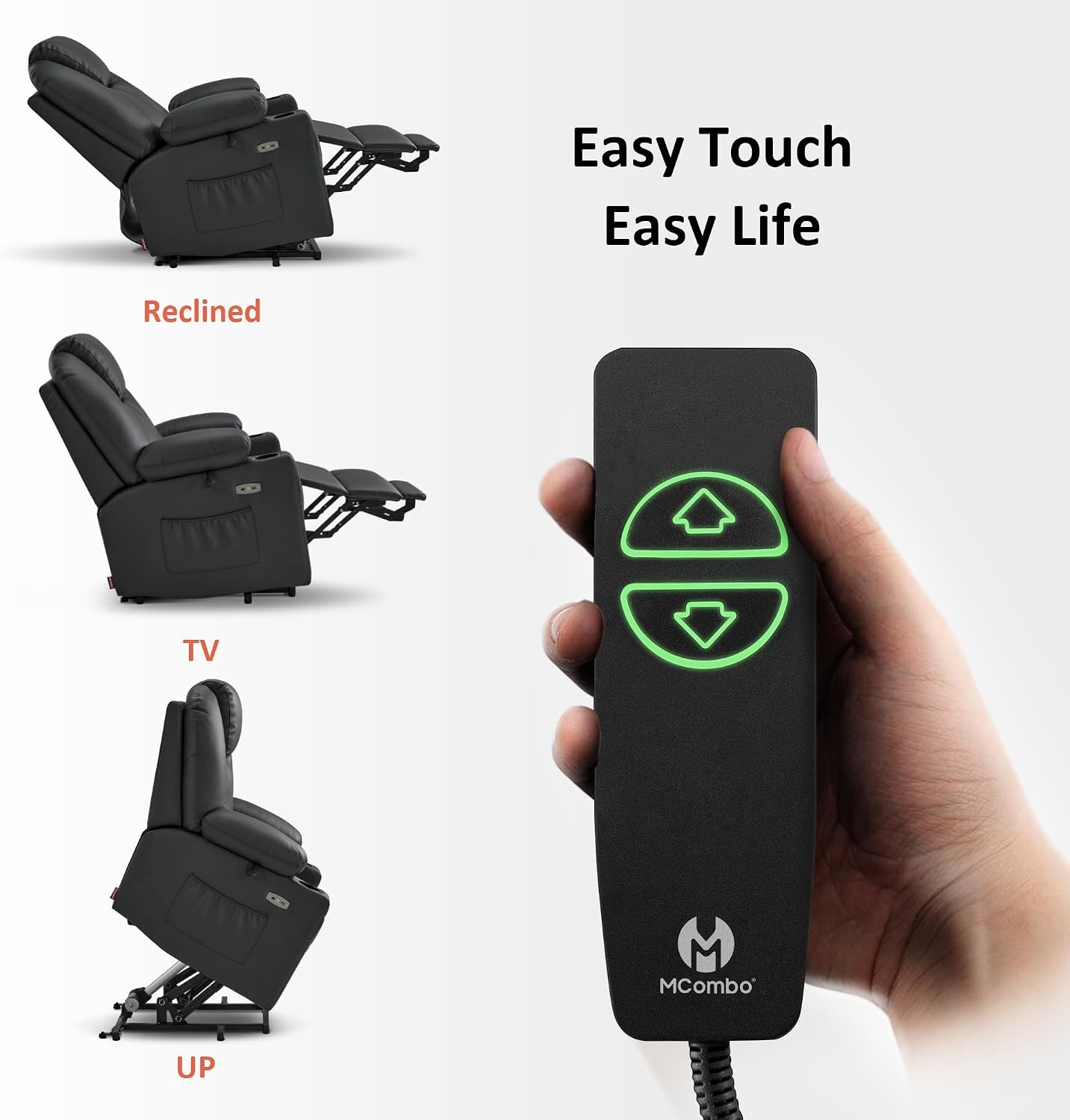 image:imageMCombo Extra Wide Power Lift Recliner Chair for Elderly Lift Chair with Heat and Massage for Big People USBampType C Ports Cup Holders Faux Leather R7045 Grey MediumWideBlack