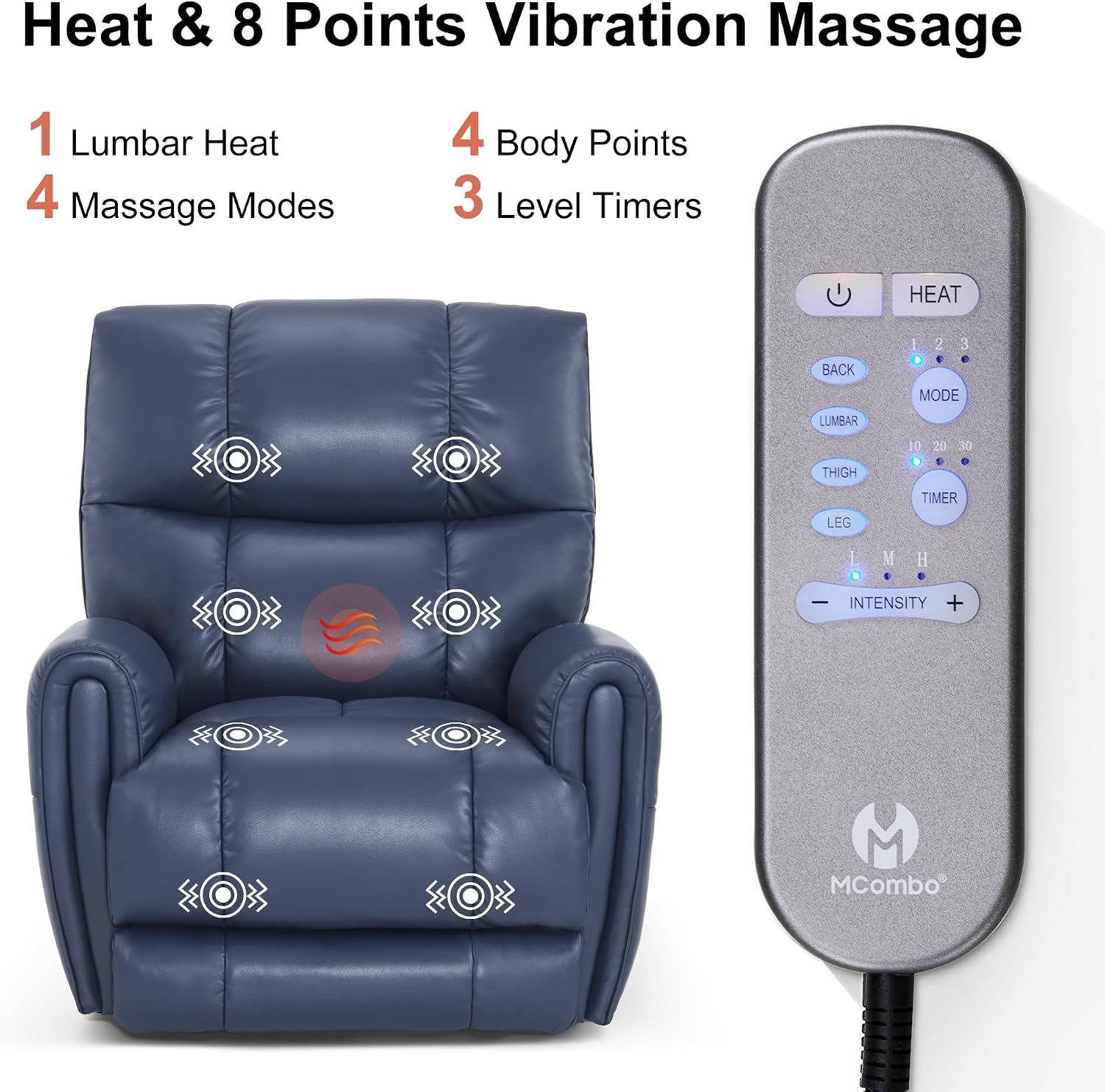 image:imageMCombo Large Lay Flat Dual Motor Power Recliner Chair with Heat and Vibration USB and Type C Ports Faux Leather Electric Recliner for Living Room Infinite Position 6199 Saddle BrownNavy Blue