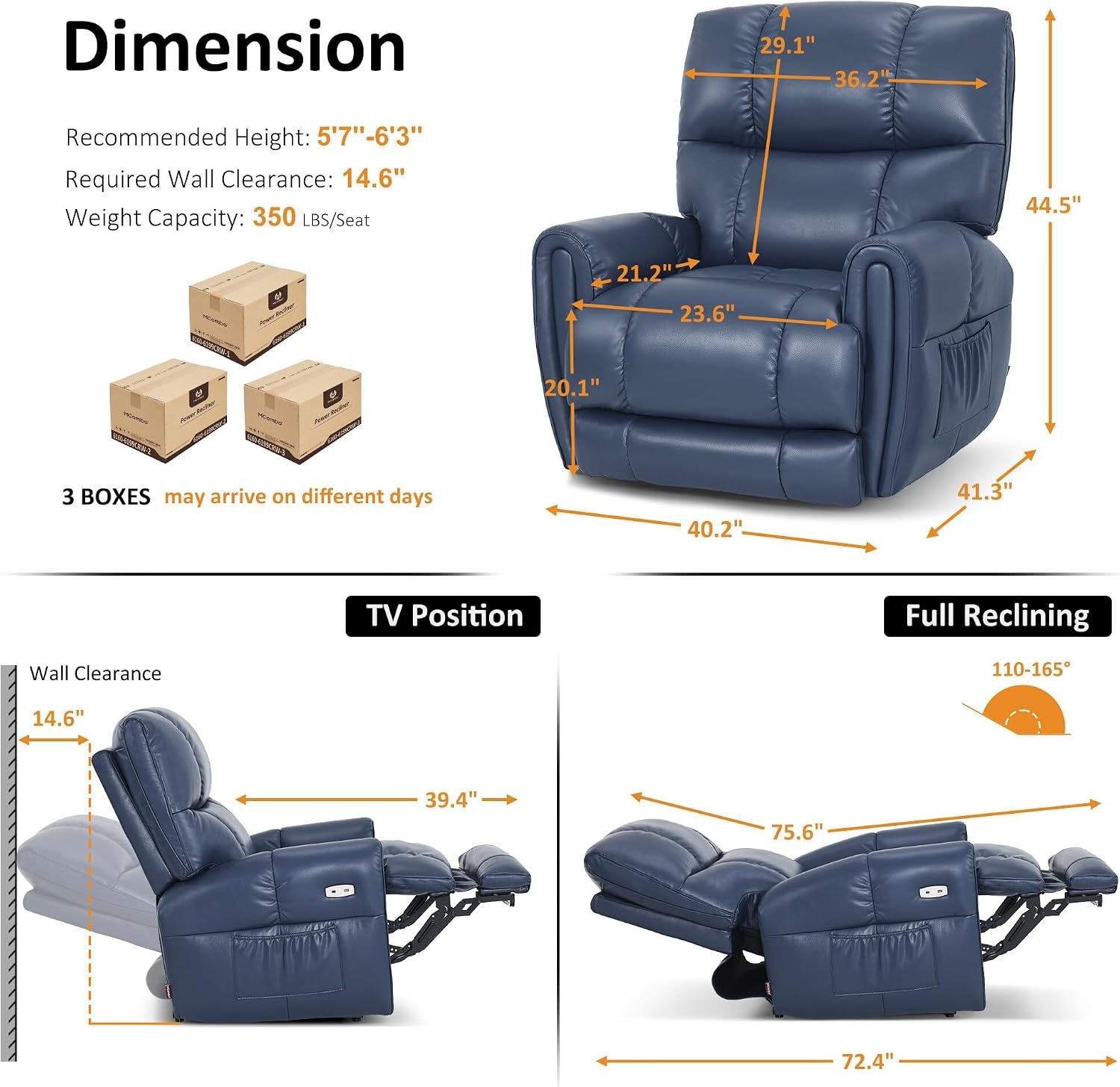 image:imageMCombo Large Lay Flat Dual Motor Power Recliner Chair with Heat and Vibration USB and Type C Ports Faux Leather Electric Recliner for Living Room Infinite Position 6199 Saddle BrownNavy Blue