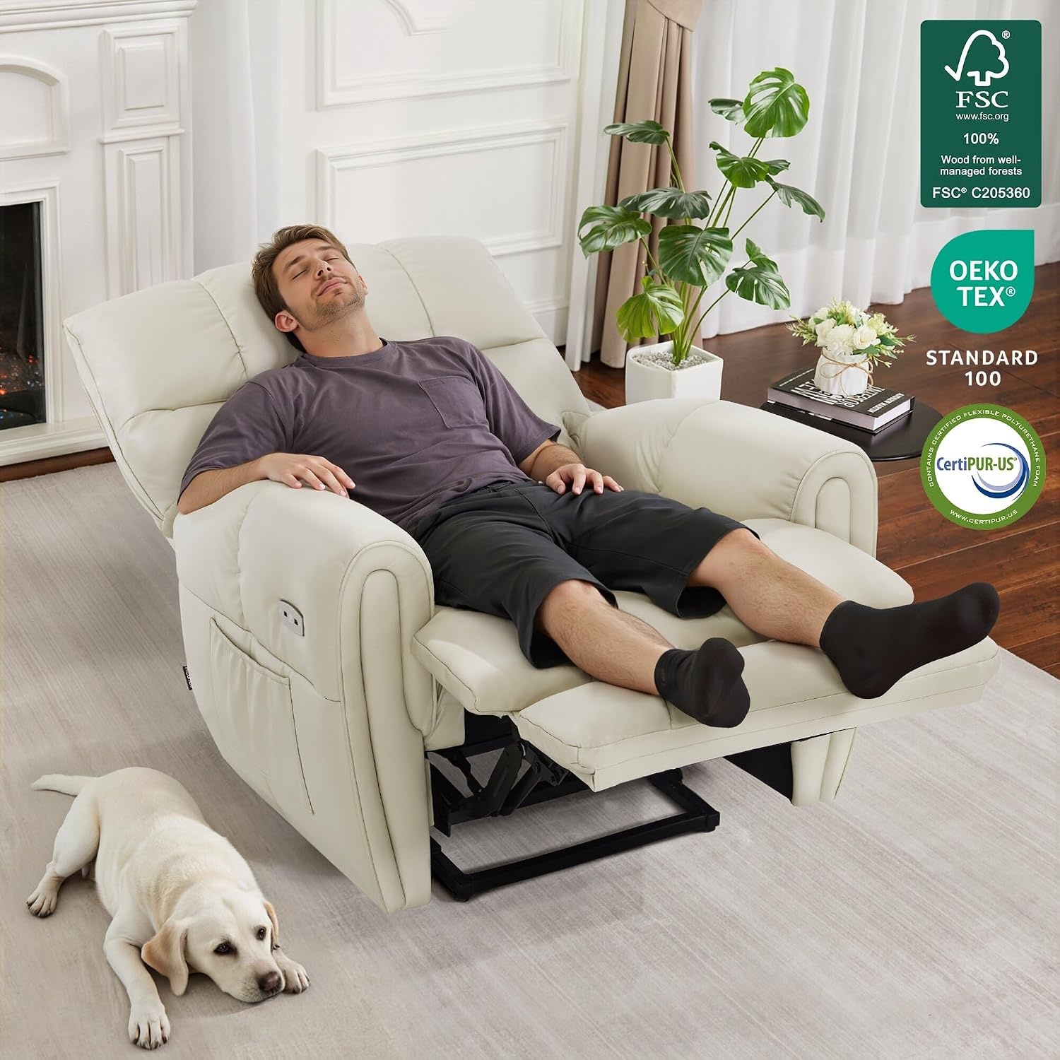 image:imageMCombo Large Lay Flat Dual Motor Power Recliner Chair with Heat and Vibration USB and Type C Ports Faux Leather Electric Recliner for Living Room Infinite Position 6199 Saddle BrownMilk White