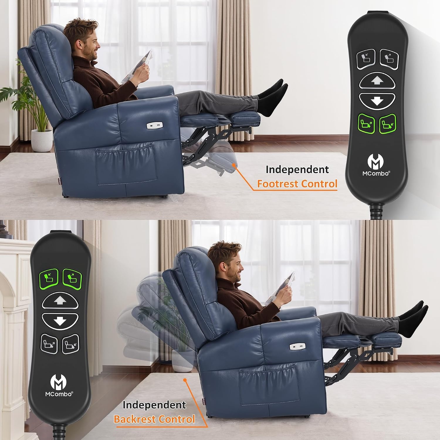image:imageMCombo Large Lay Flat Dual Motor Power Recliner Chair with Heat and Vibration USB and Type C Ports Faux Leather Electric Recliner for Living Room Infinite Position 6199 Saddle BrownNavy Blue